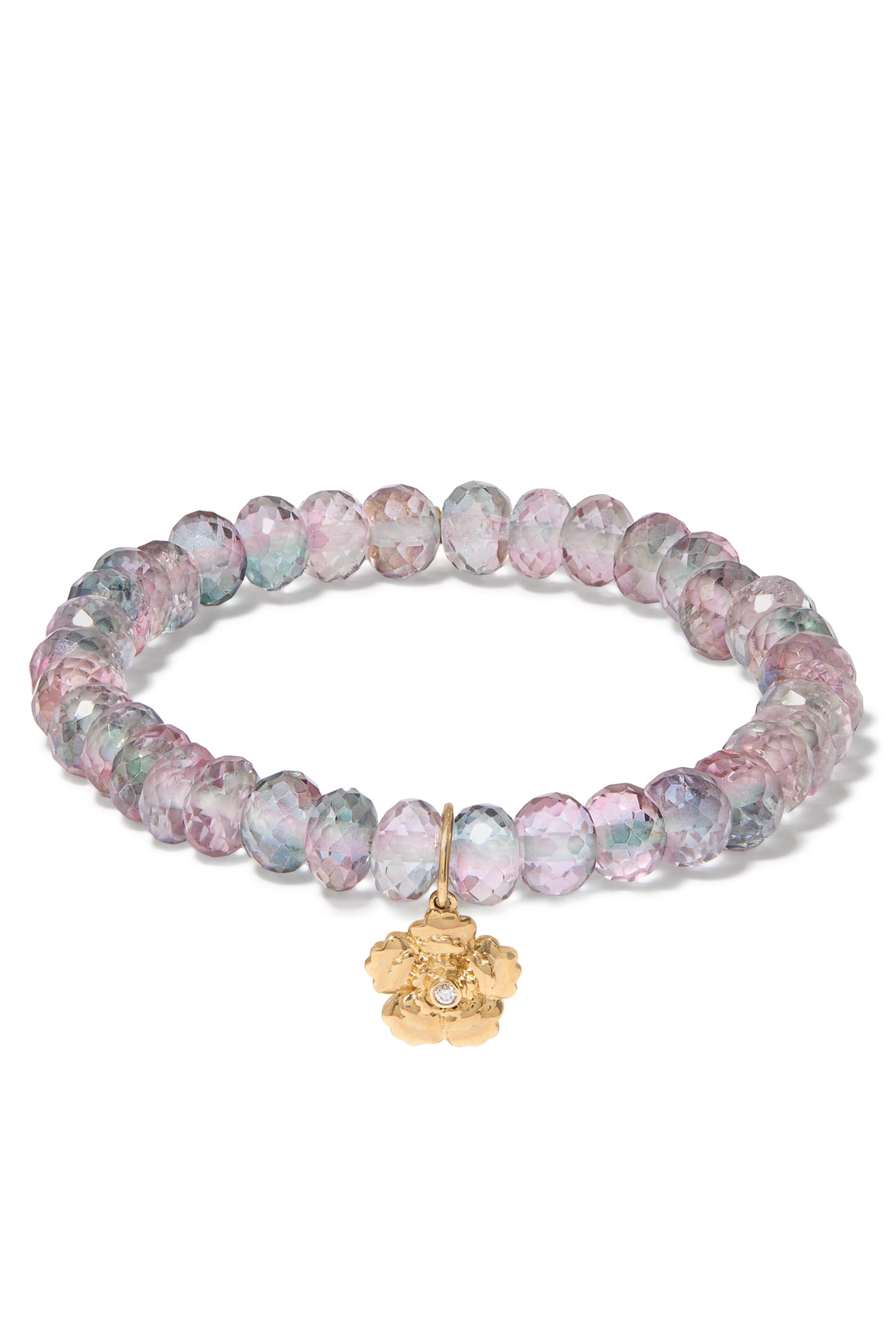 Begonia Charm on Mystic Rainbow Bracelet, 14k Yellow Gold & Diamond, Quartz
