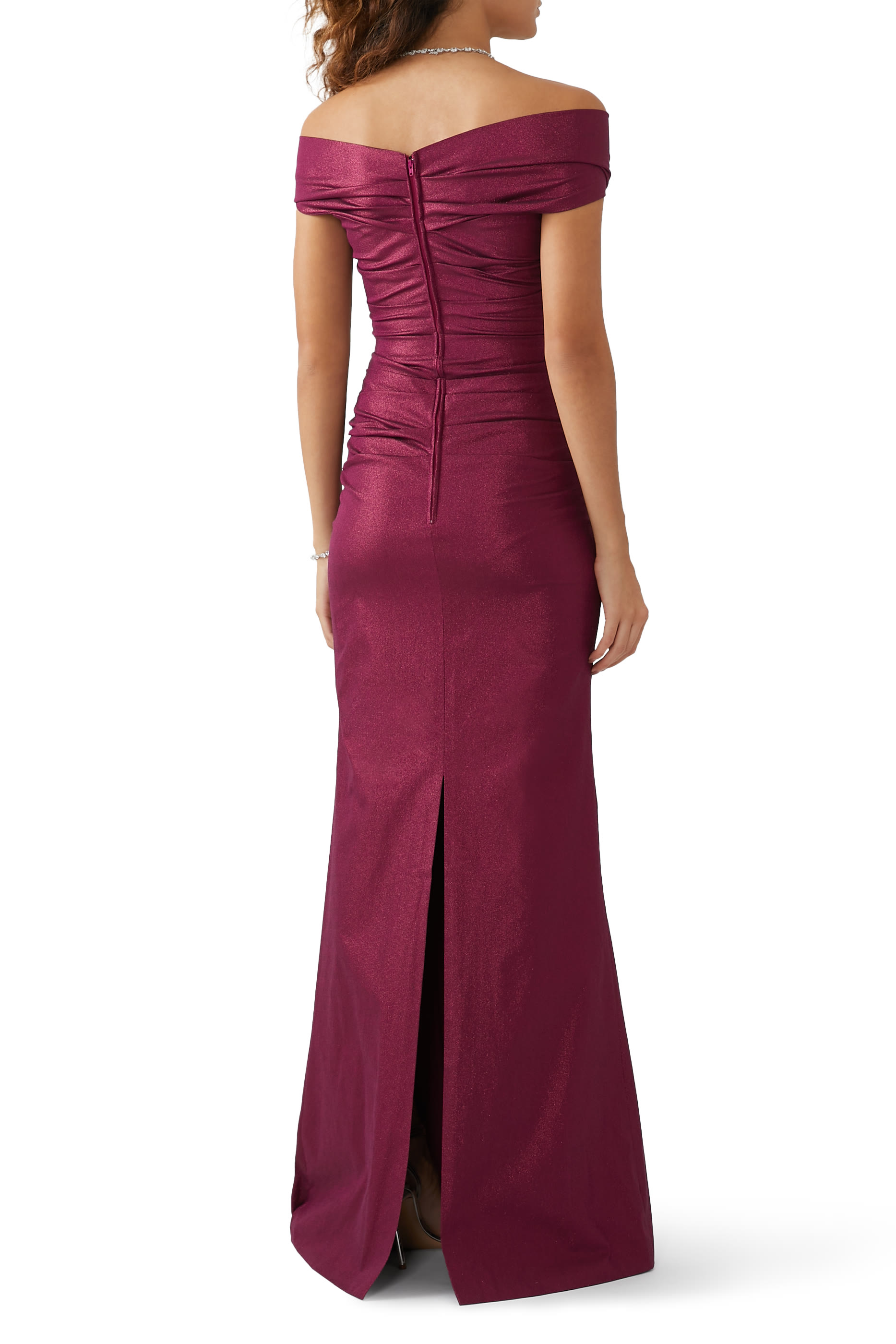 Stretch Metallic Taffeta Off-The-Shoulder Gown