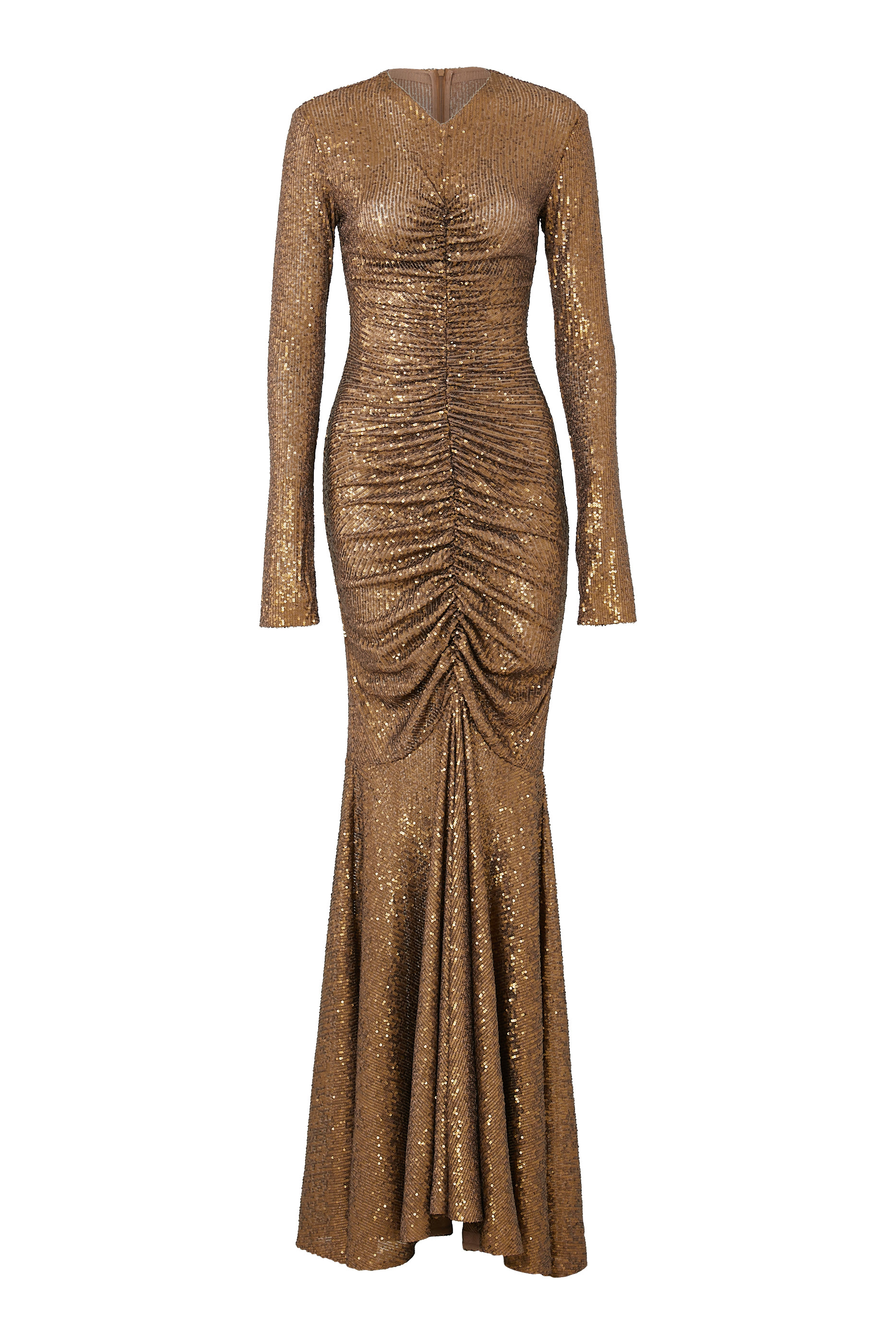 Long Sleeve V-Neck Shirred Front Fishtail Gown