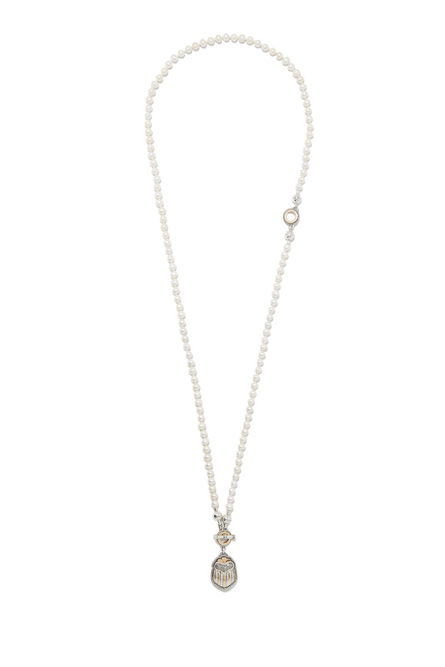 Beaded Scarab Necklace, 18k Gold with Sterling Silver, Pearl & Diamond