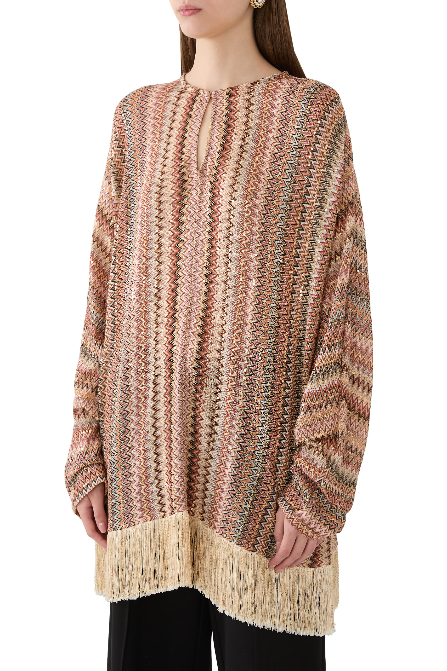 Exclusive Chevron Raschel Sequinned Fringed Blouse