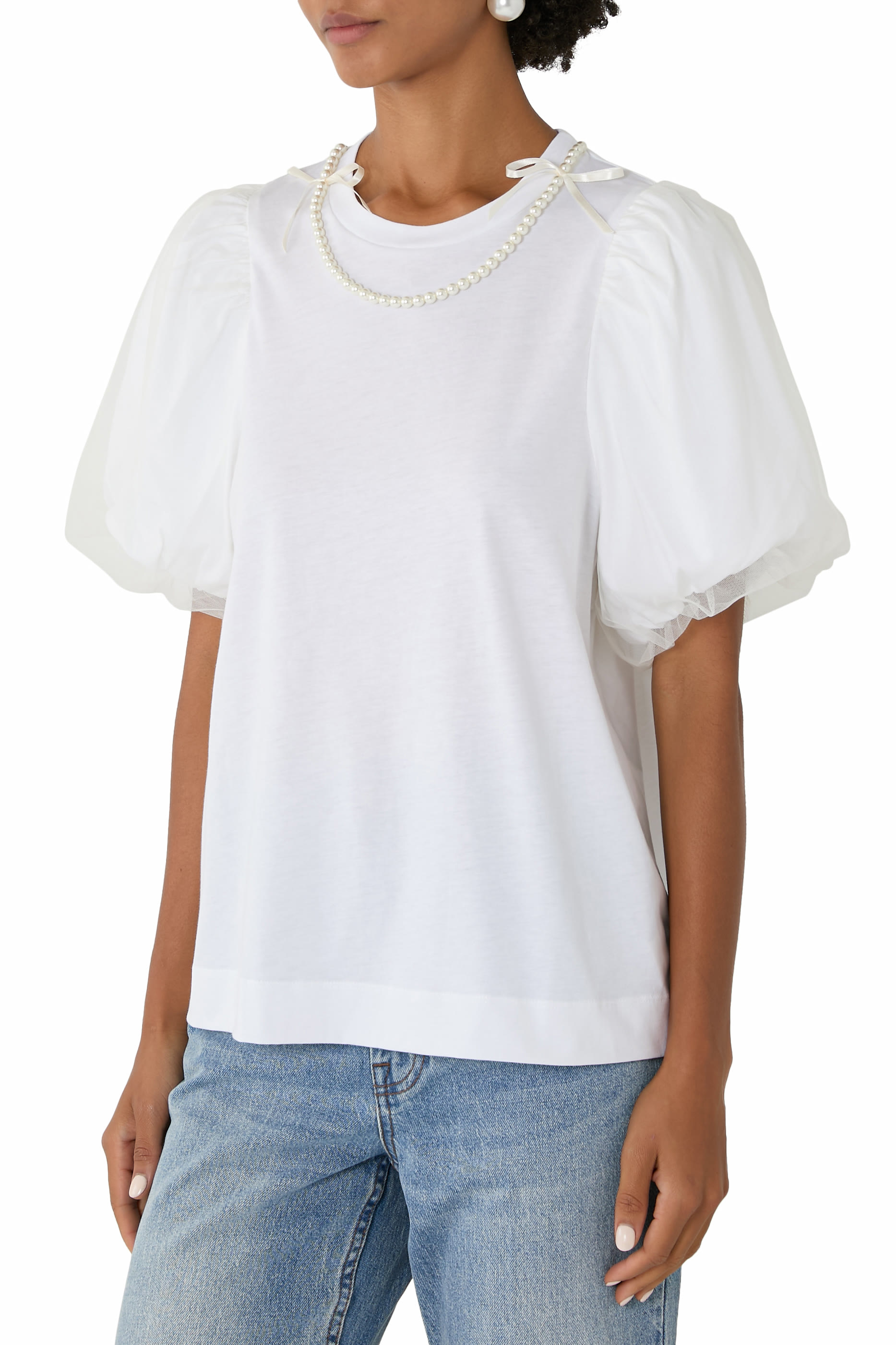 Tulle Overlay Puff Sleeve T-Shirt