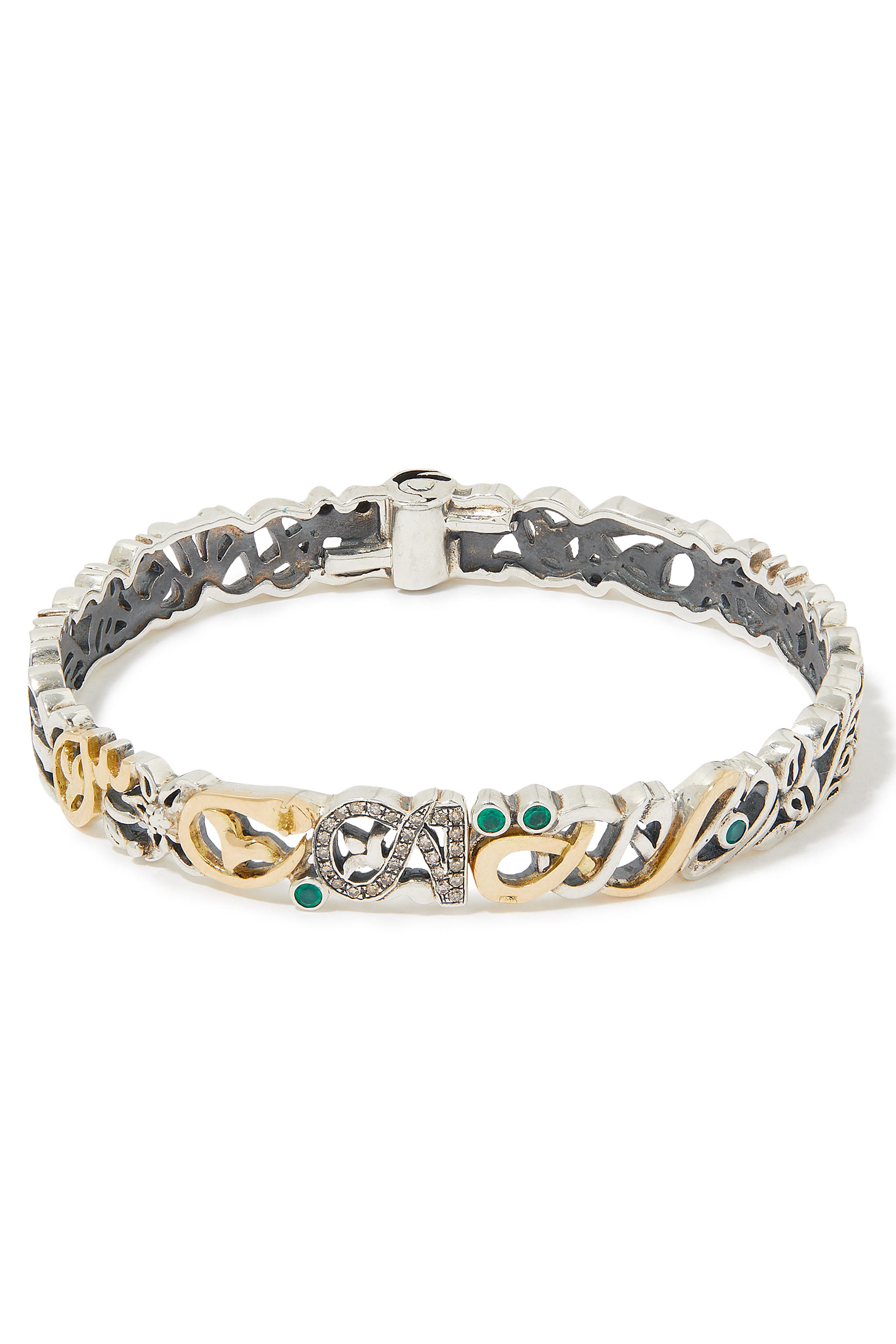 Tales of Calligraphy Bangle, 18k Yellow Gold with Sterling Silver & Champagne Diamonds