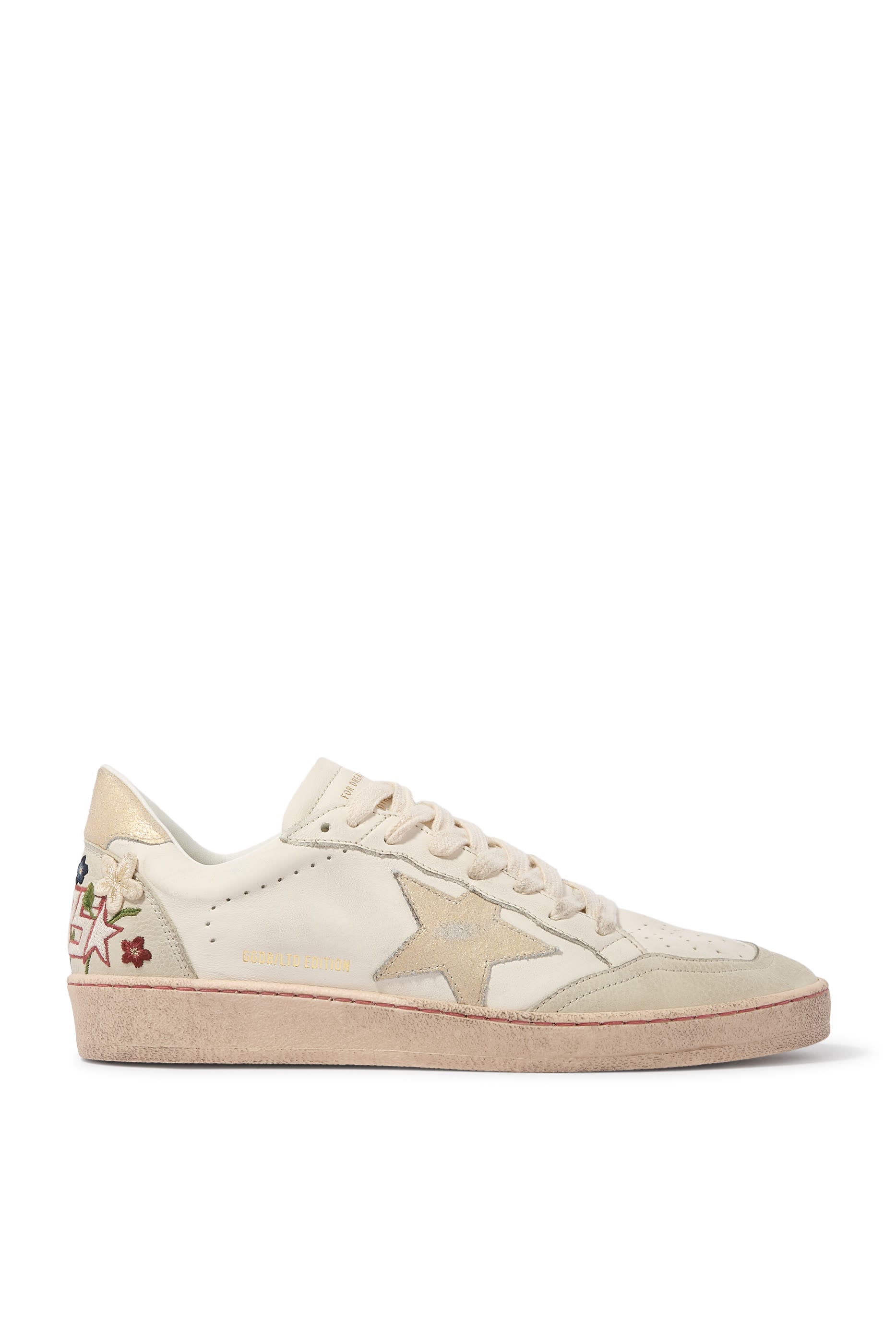 Ball Star Sneakers in Leather with Platinum Suede Star and Multicolour Floral Embroidery