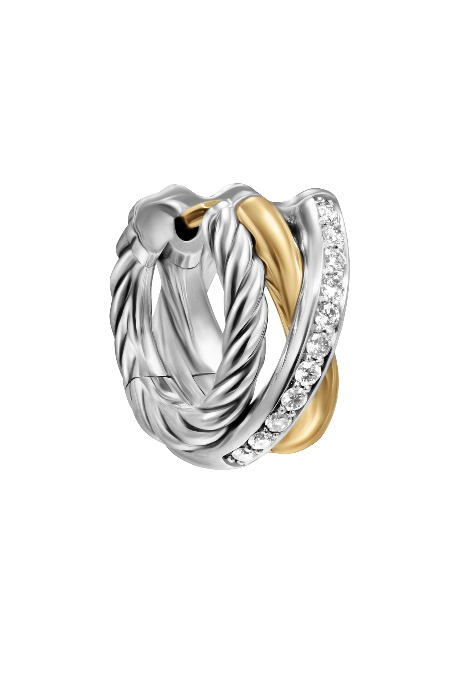 Crossover Three-Row Huggie Hoop Earrings, 18k Yellow Gold, Sterling Silver & Diamonds