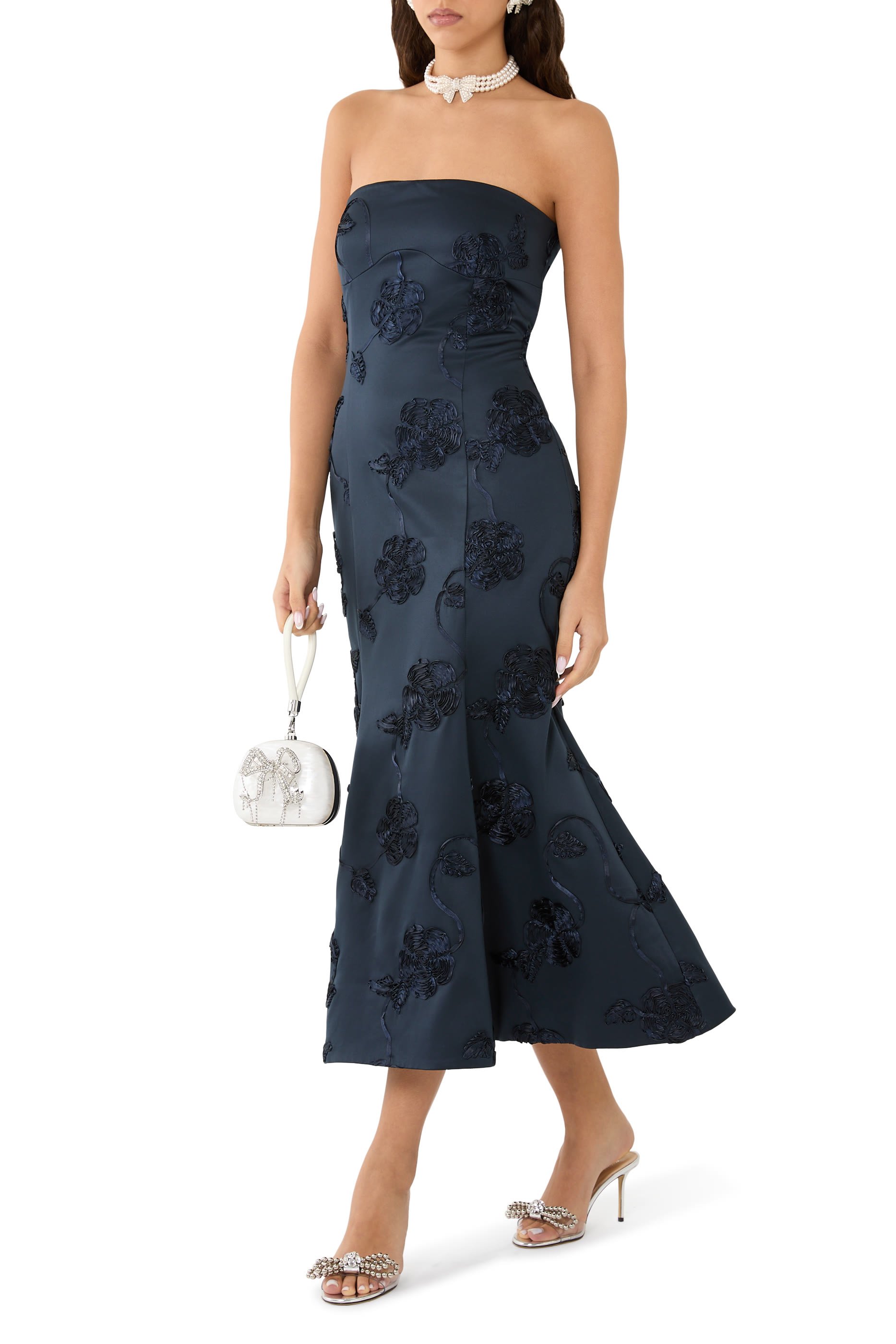 Floral Embroidered Strapless Midi Dress