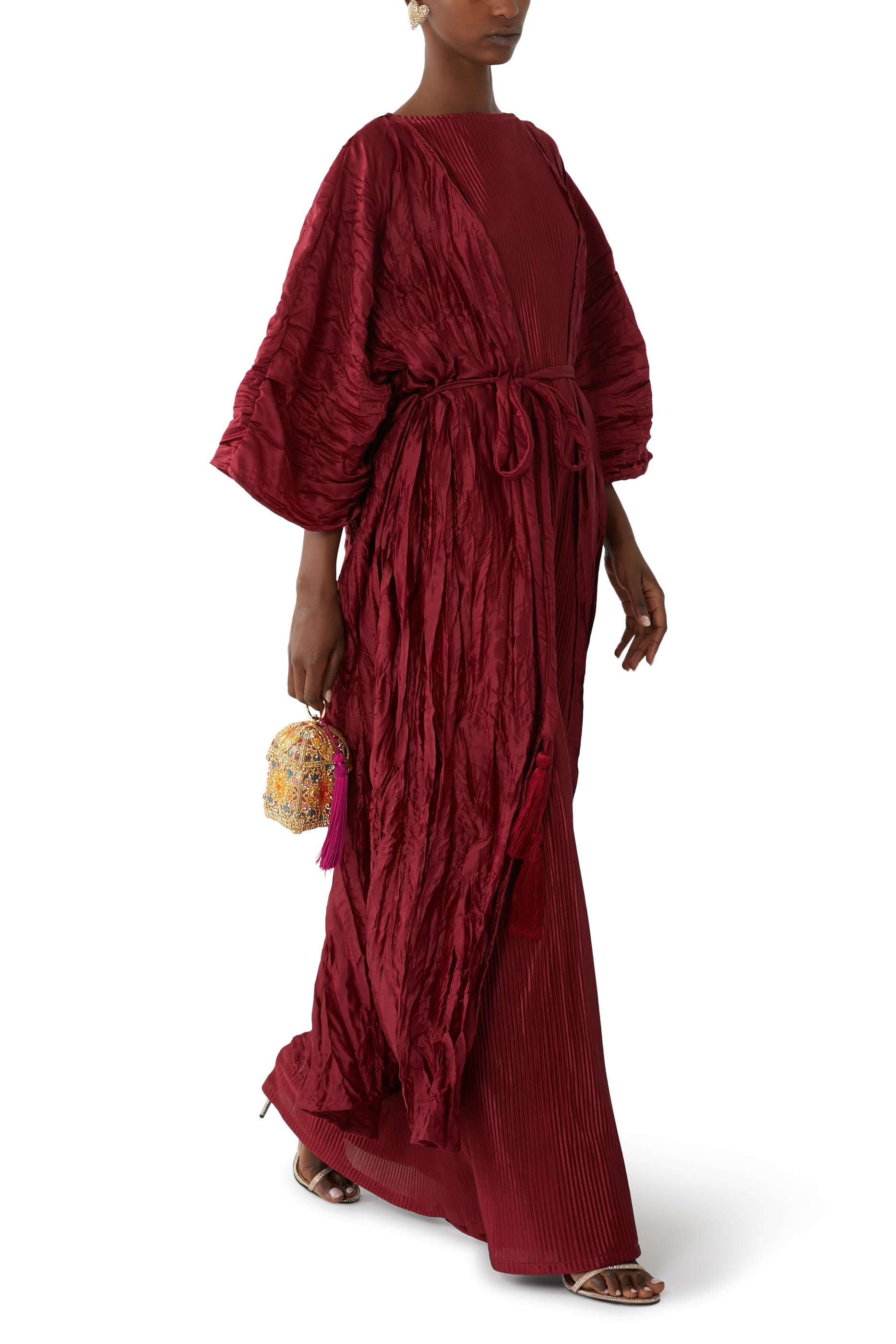 Crinkle Satin Bisht and Sleeveless Pleated Satin Dress Set