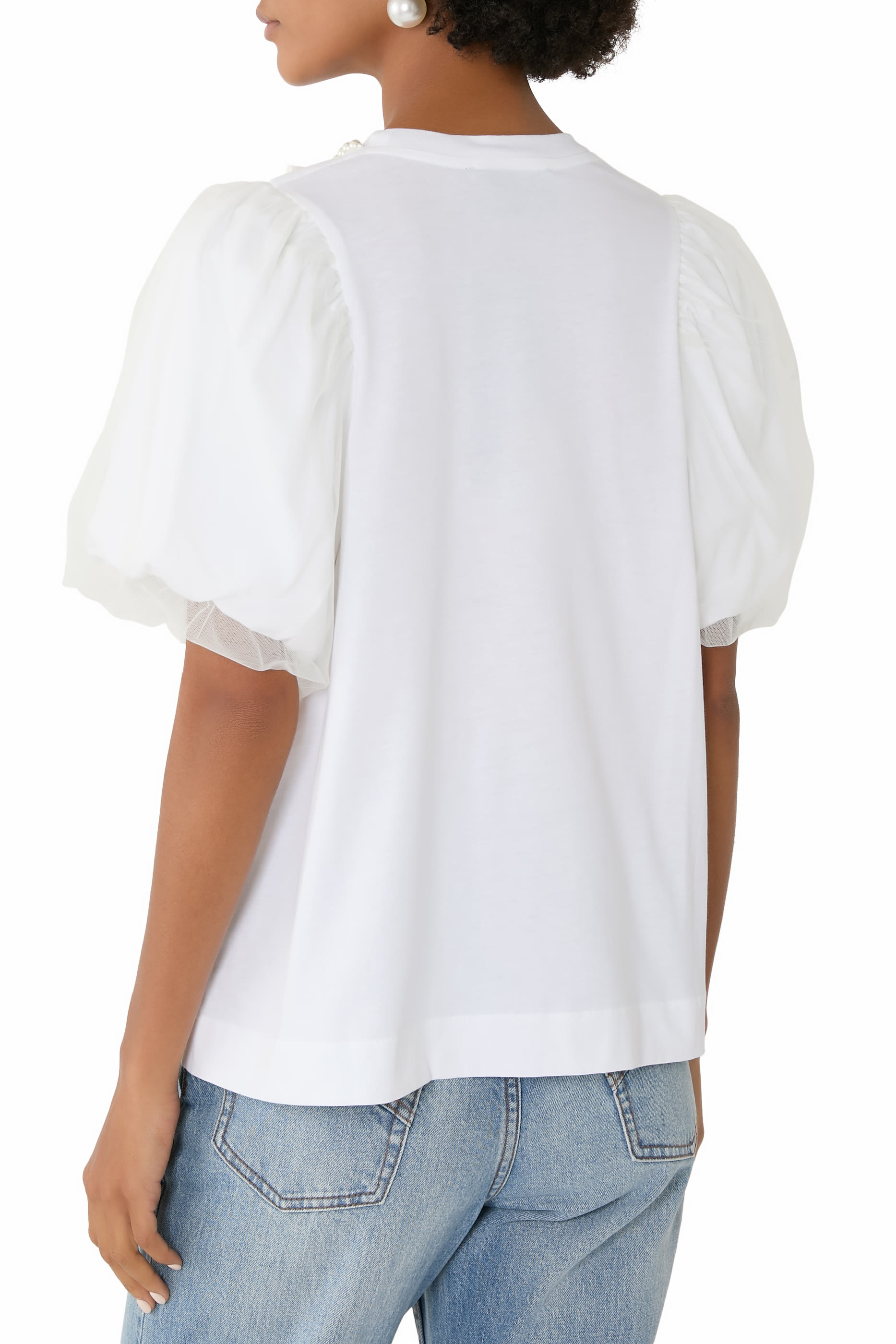 Tulle Overlay Puff Sleeve T-Shirt
