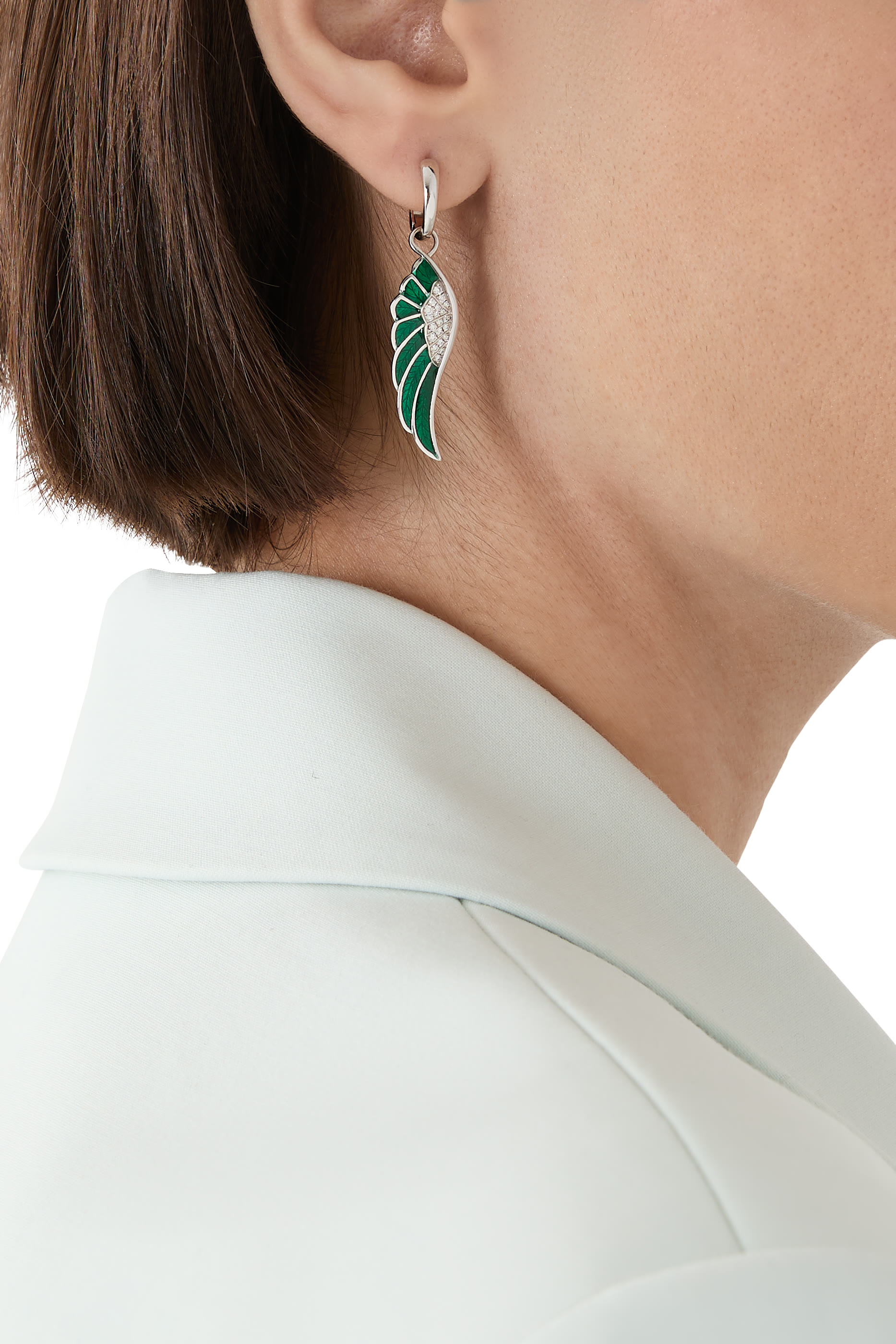 Wings Reflection Winter Earrings, 18K White Gold with Diamonds & Enamel