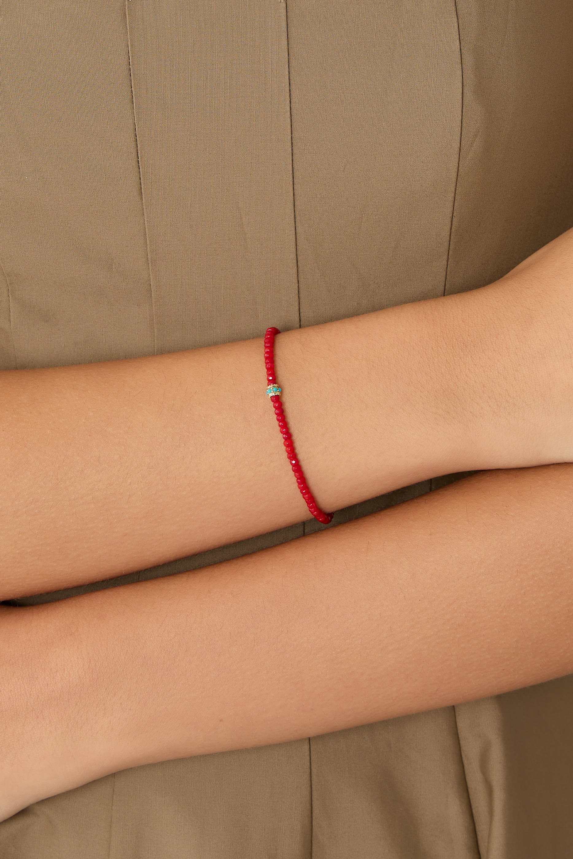 Scallop Rondelle on Bamboo Coral Beaded Bracelet, 14k Yellow Gold & Turquoise Beads