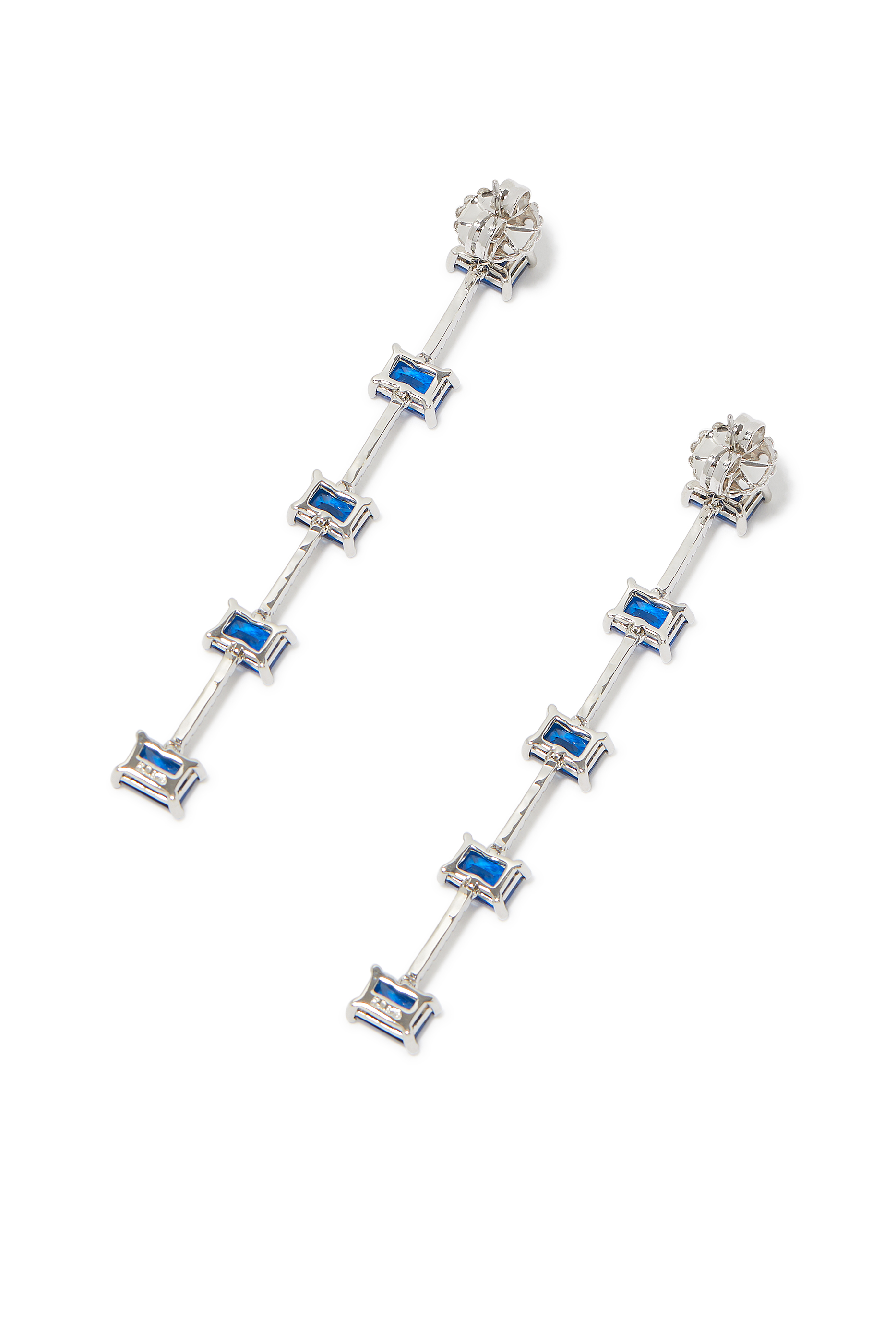 Horizontal Cut Emerald Linear Drop Earrings, Rhodium-Plated Brass, Emerald & Cubic Zirconia