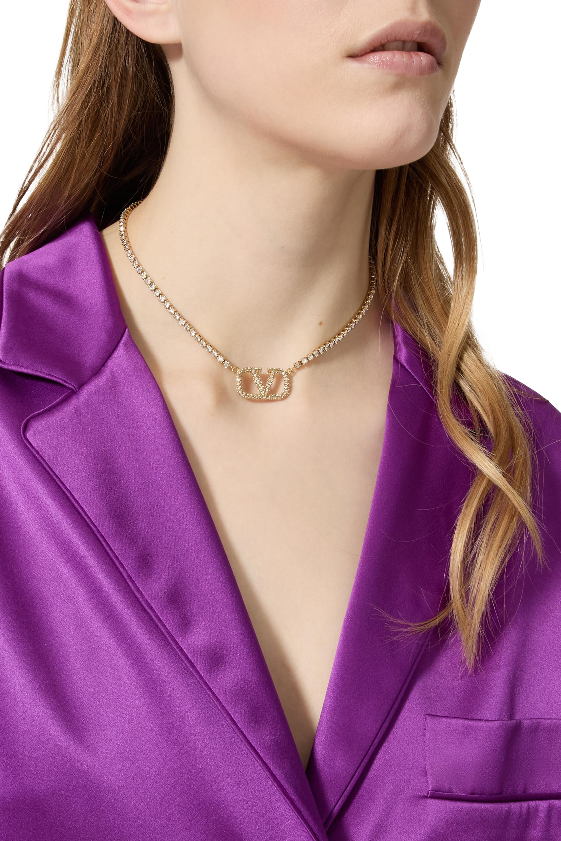 Vlogo Signature Crystal-Embellished Necklace, Gold-Toned Brass & Crystals