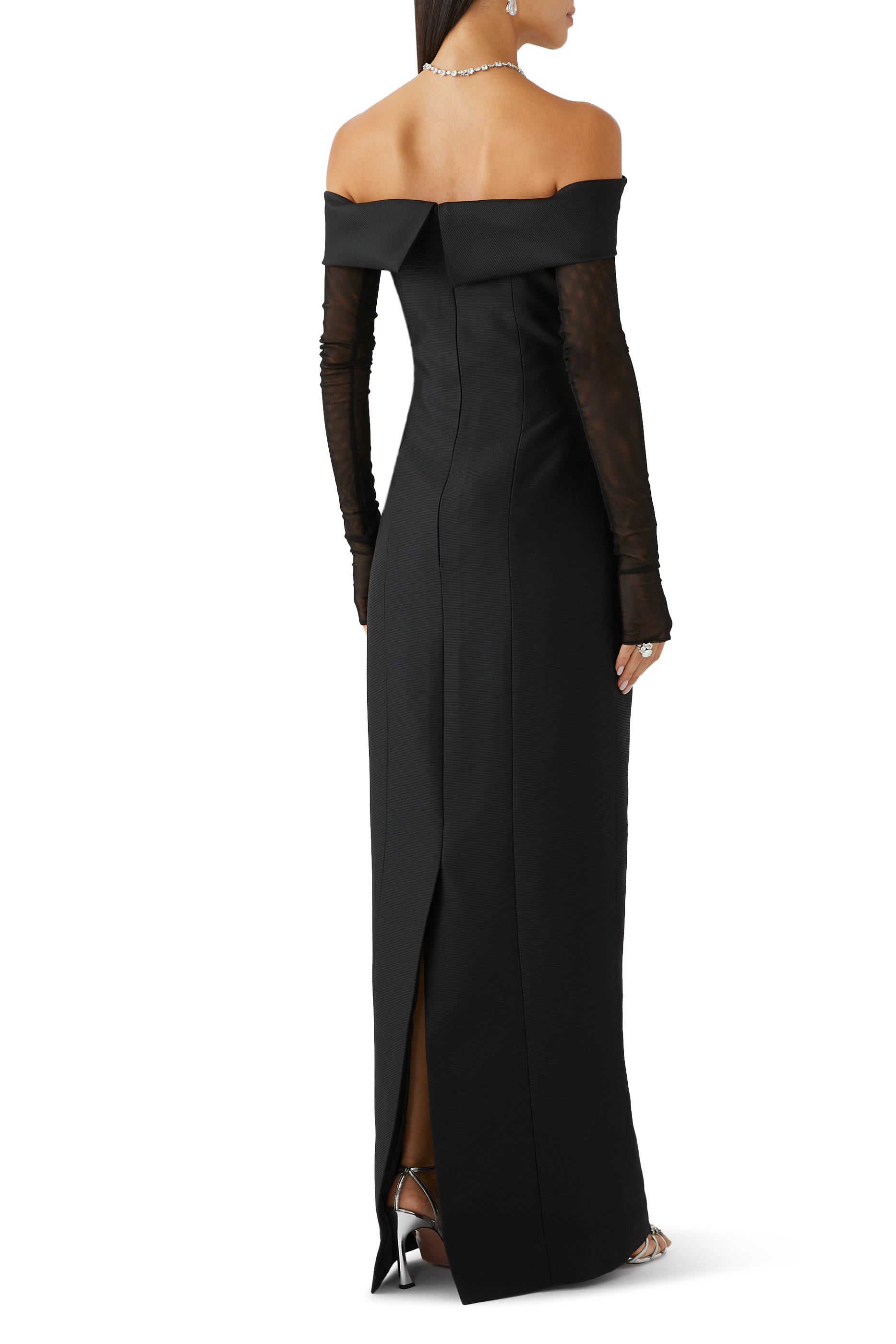 Off Shoulder Mikado Pique Gown with Tulle Sleeves