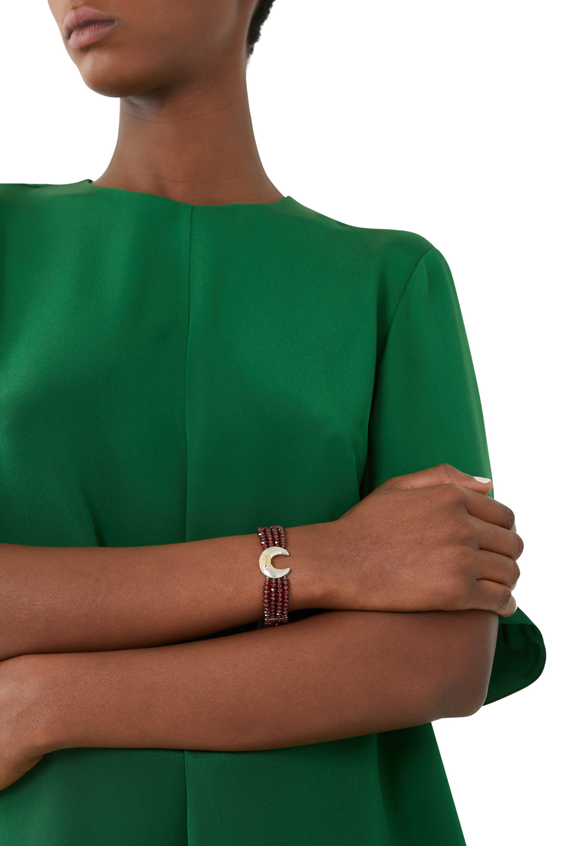 Beaded Crescent Bracelet, 18k Yellow Gold & Sterling Silver with Garnet & Diamonds
