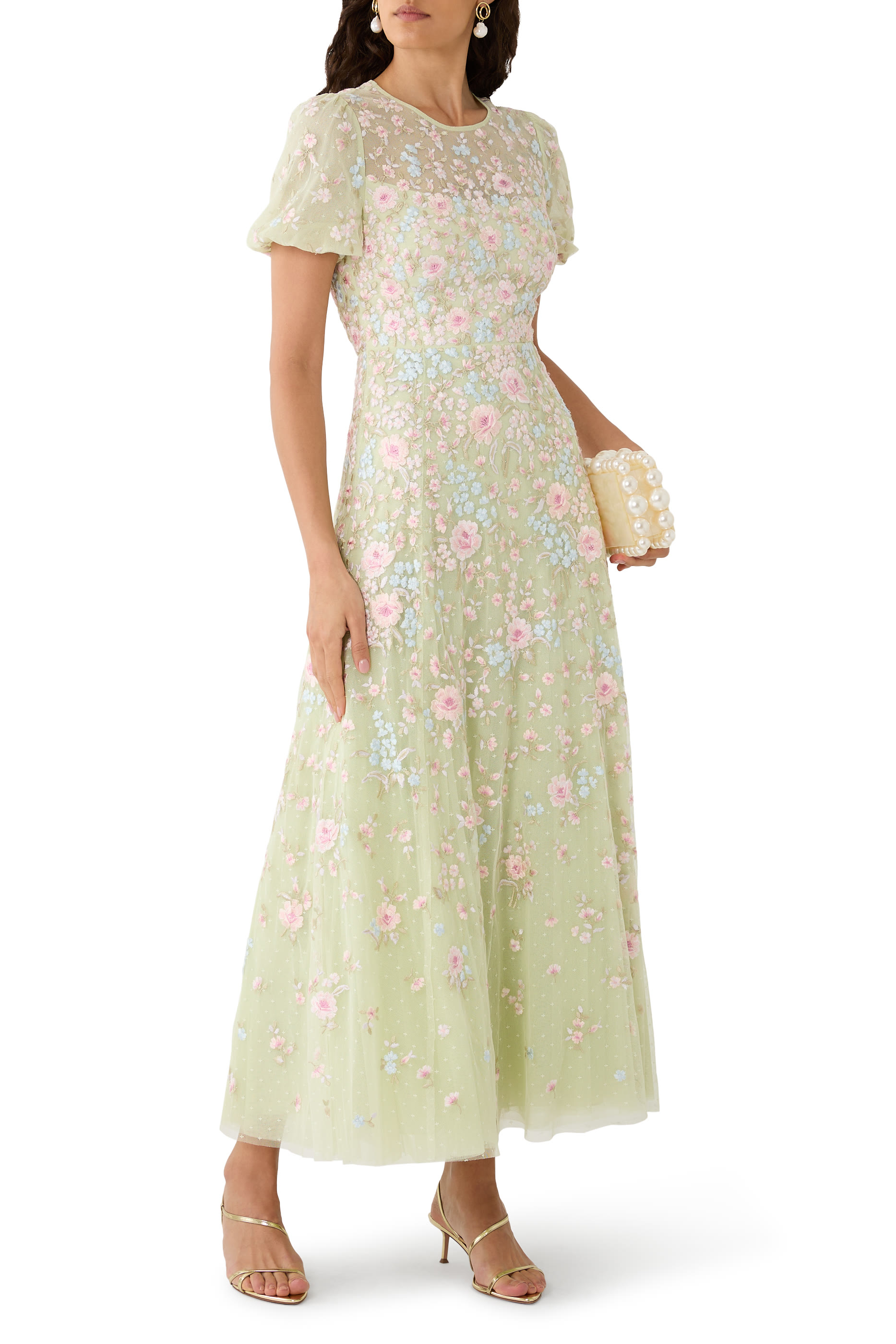 Peony Bouquet Round Neck Ankle Gown