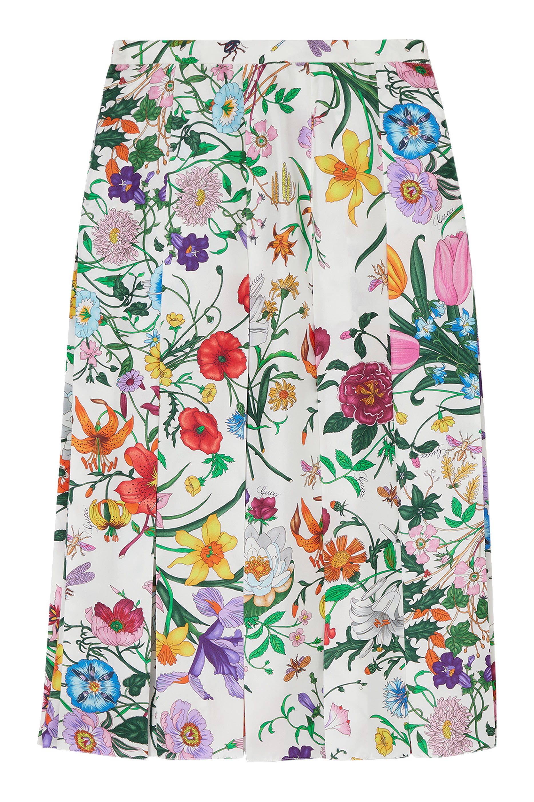 All-Over Flora Print Silk Twill Pleated Skirt