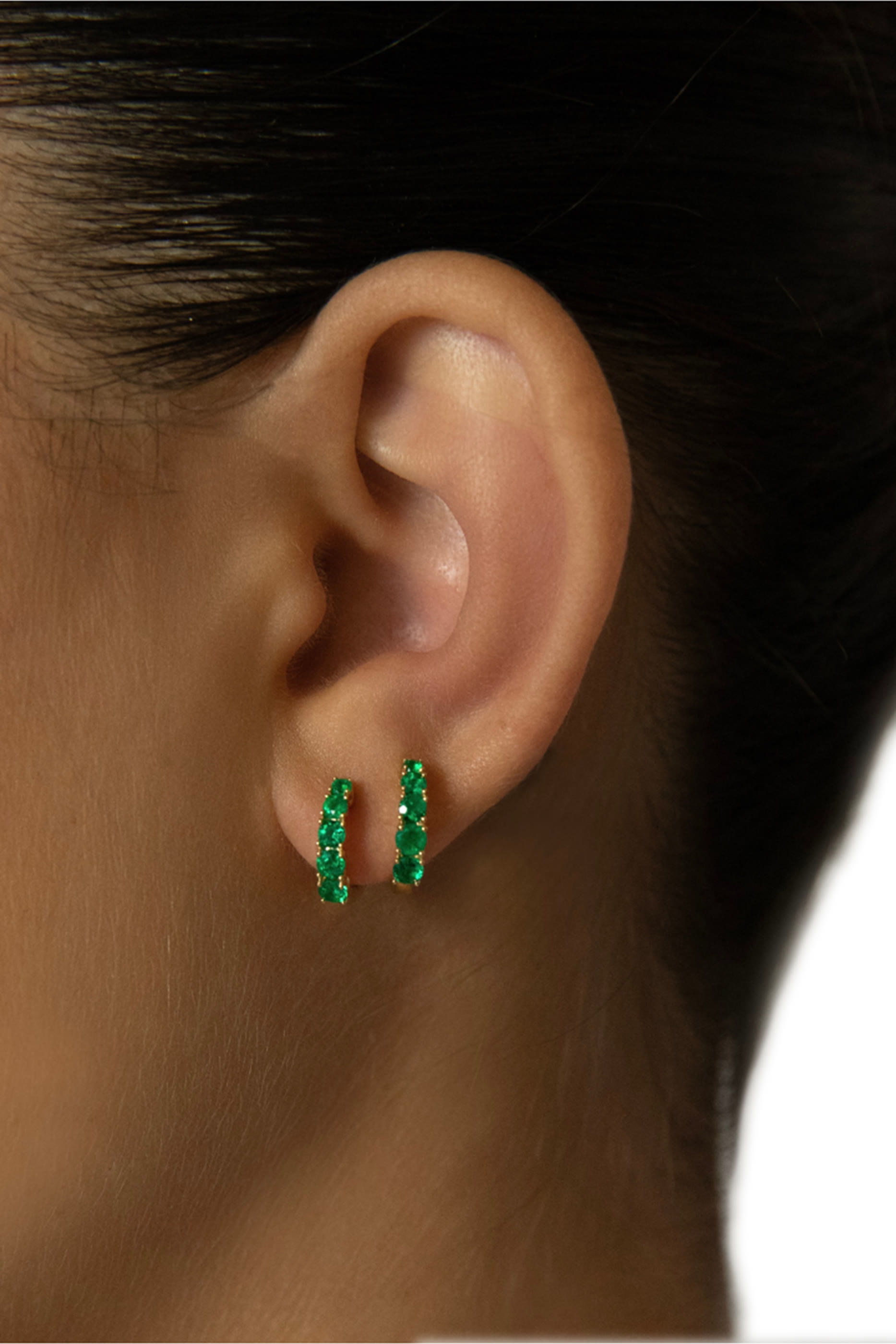 Graduated Huggies Earrings, 18k Yellow Gold & Emerald