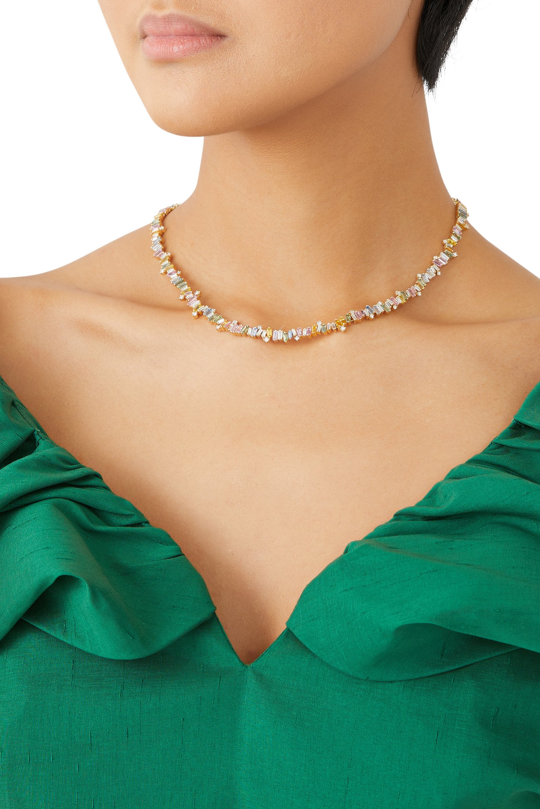 Bold Burst Pastel Sapphire Tennis Necklace, 18k Yellow Gold & Diamonds