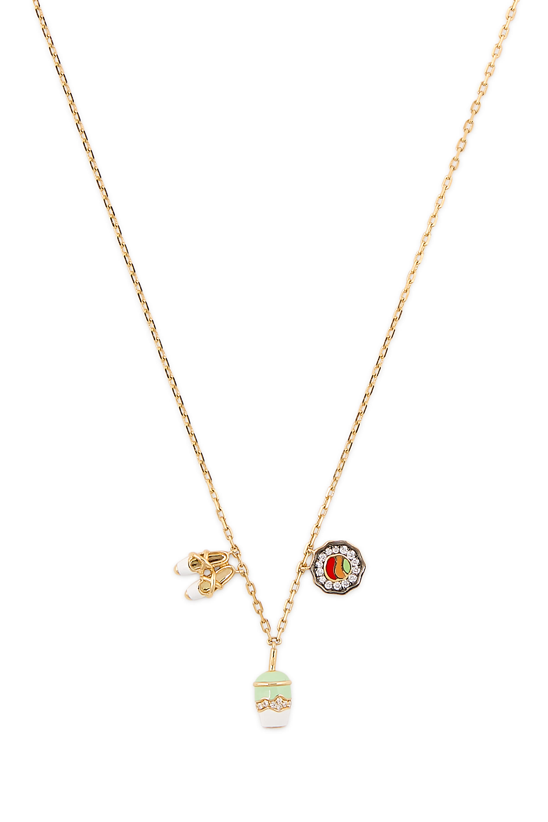 Mini Matcha, Pilates, Sushi Chain Necklace, 18k Yellow Gold & Diamonds
