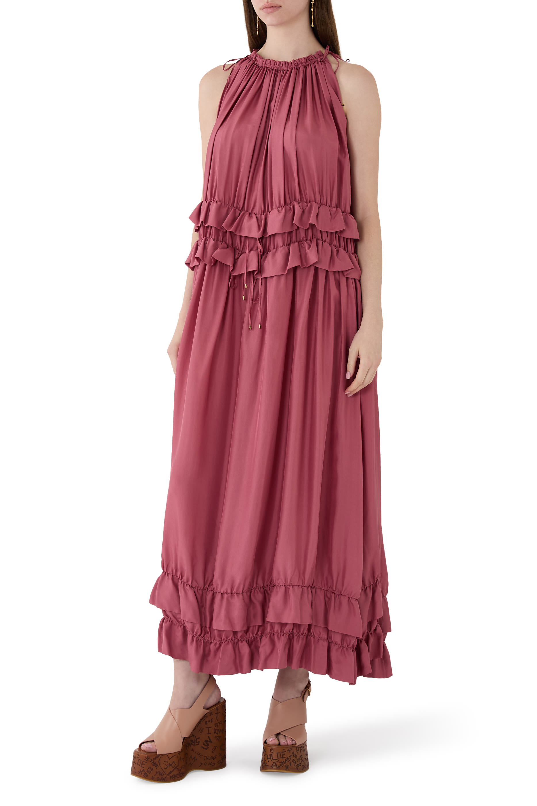 Sleeveless Long Dress in Washed Silk Pong&eacute;