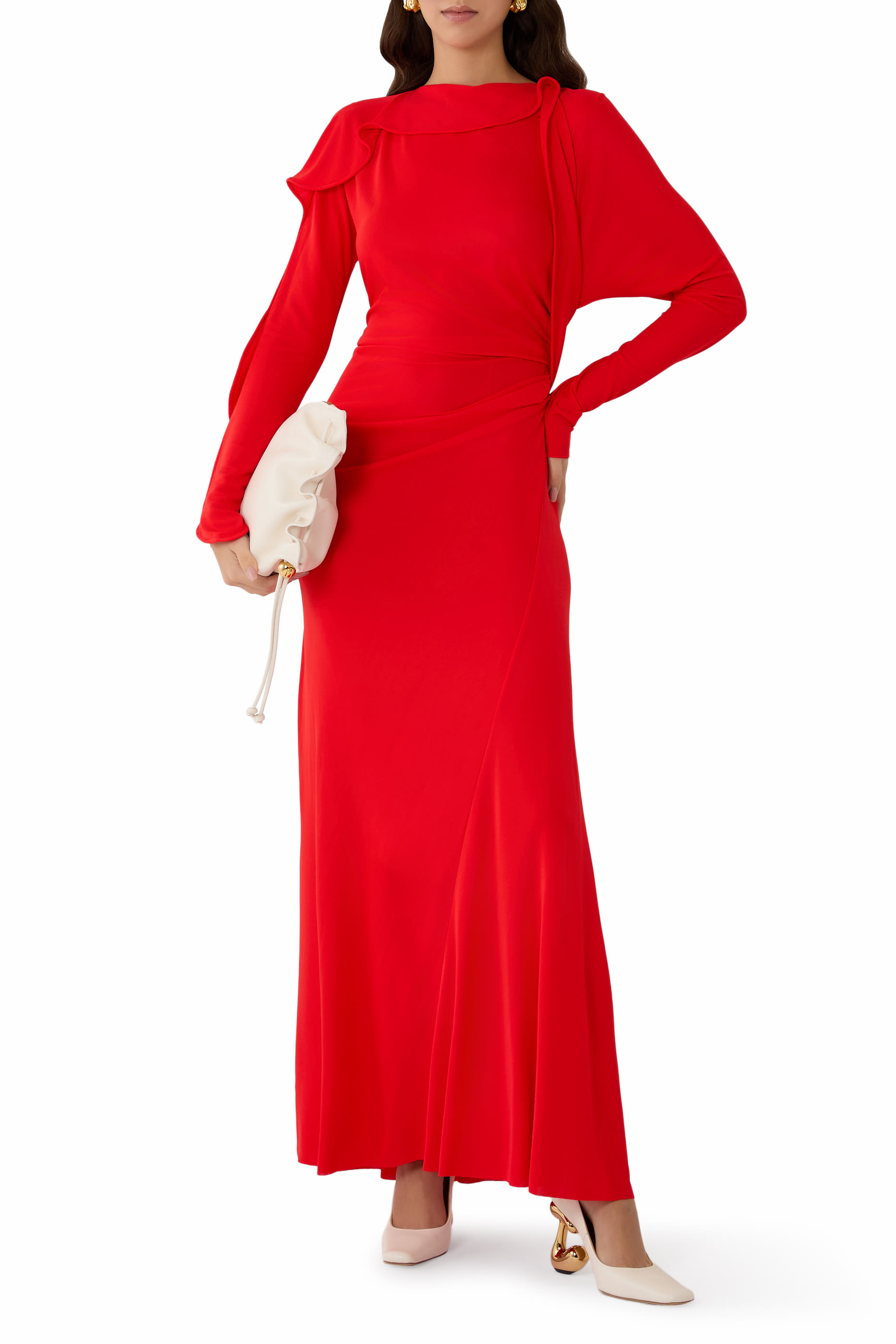  Long Sleeve Draped Jersey Gown 
