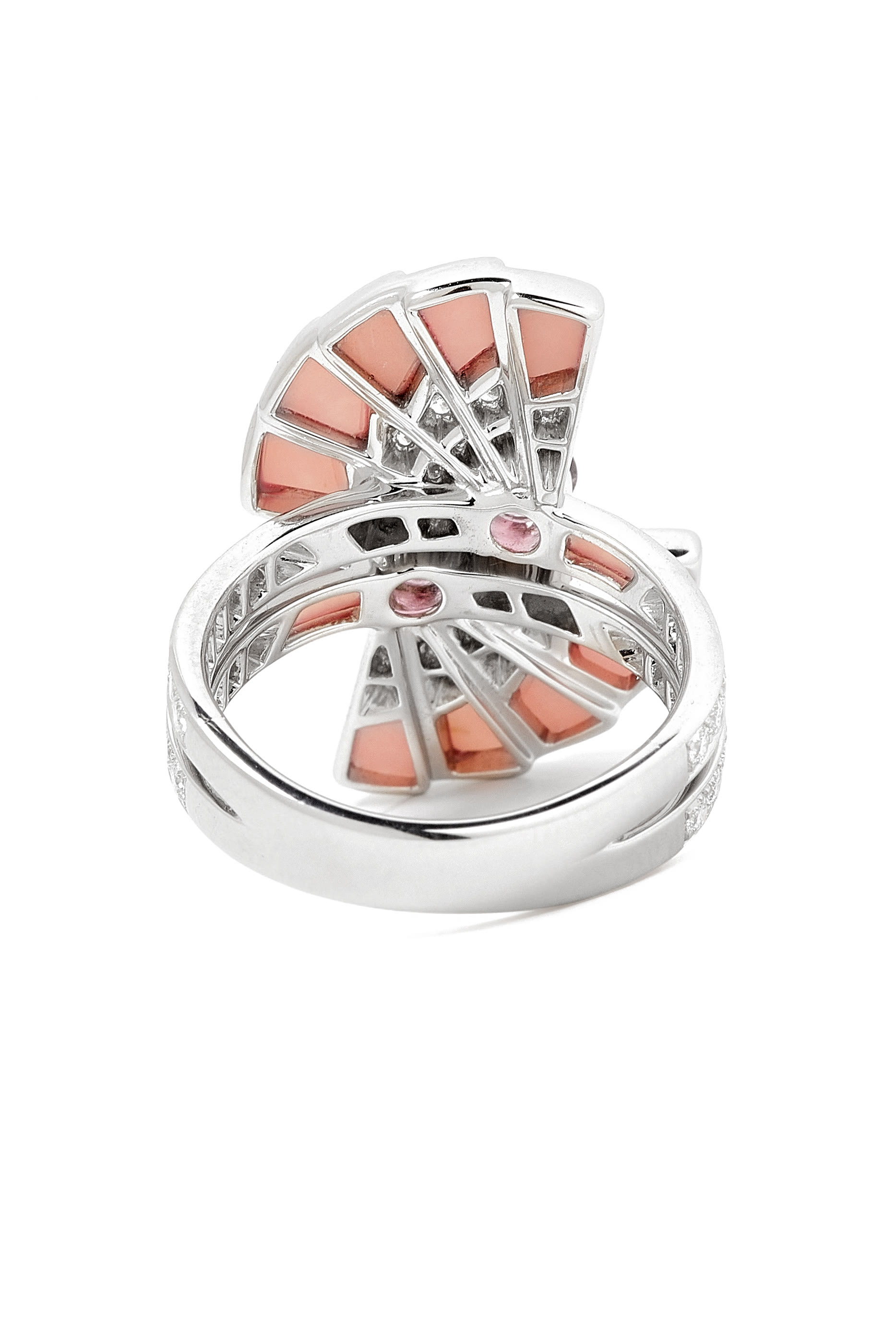 Fanfare Symphony Double Pink Tourmaline and Pink Opal Ring, 18K White Gold, Tourmaline & Diamonds