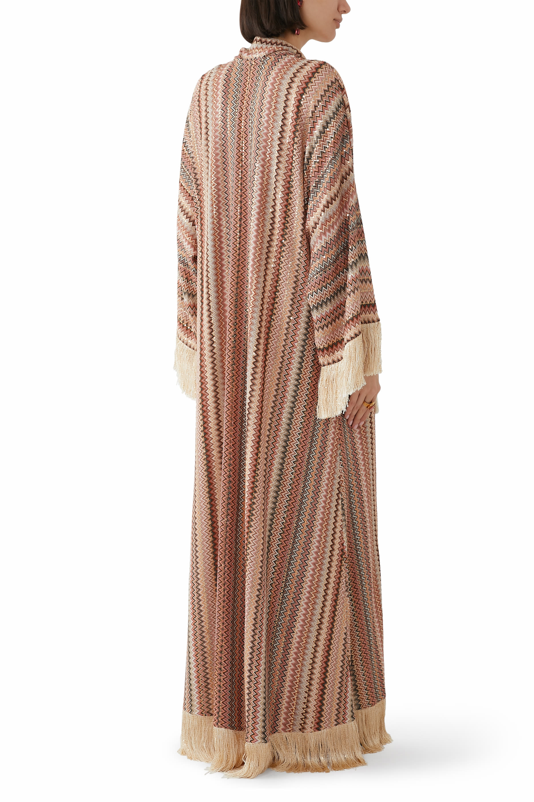 Exclusive Chevron Raschel Sequinned Fringed Scarf Maxi Kaftan