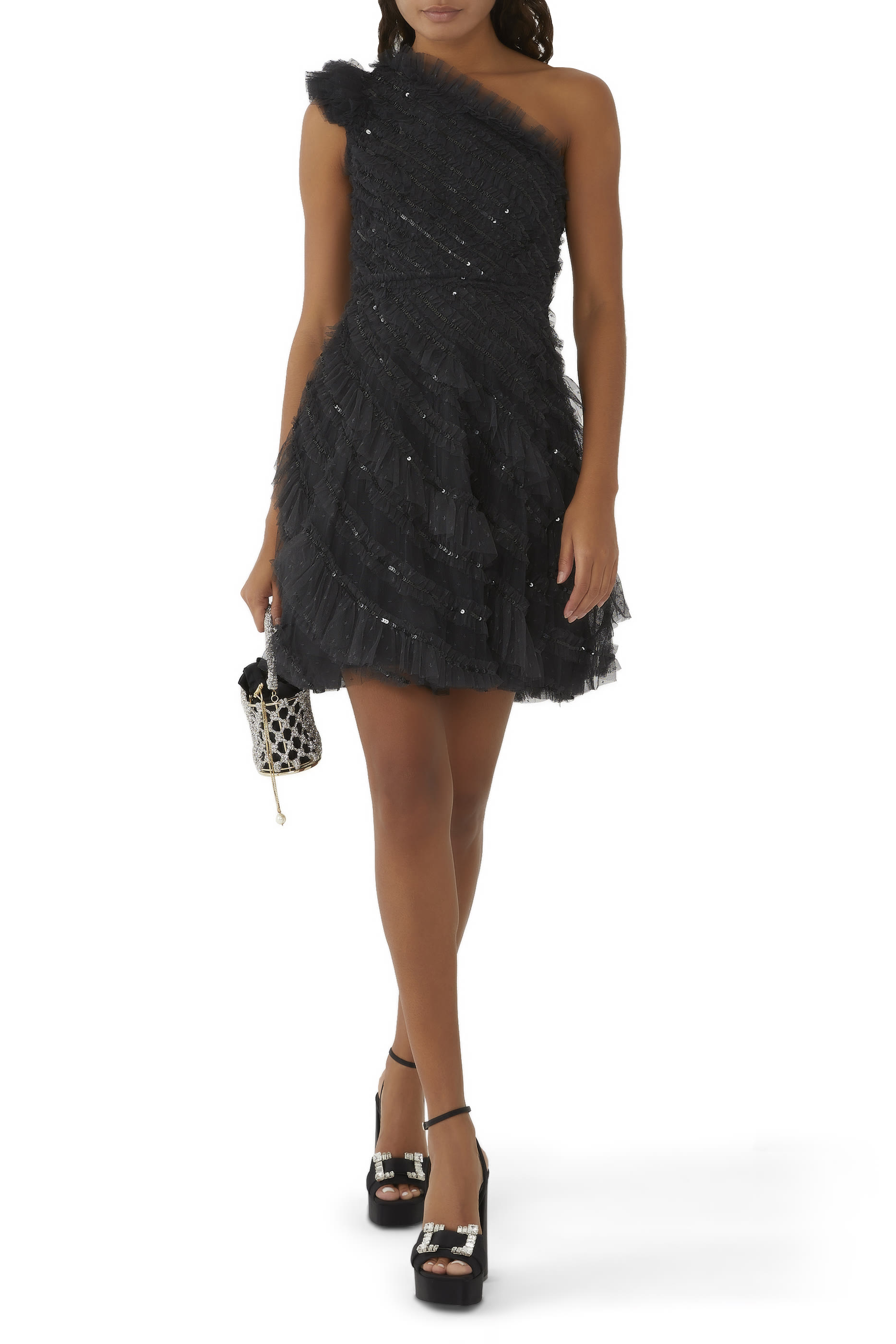 Spiral Sequin One-Shoulder Micro Mini Dress