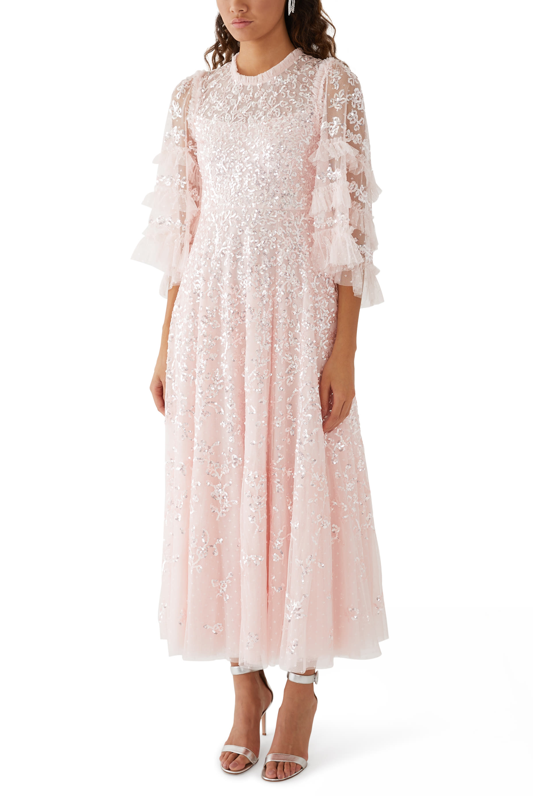 Floral Lace Round Neck Ankle Gown