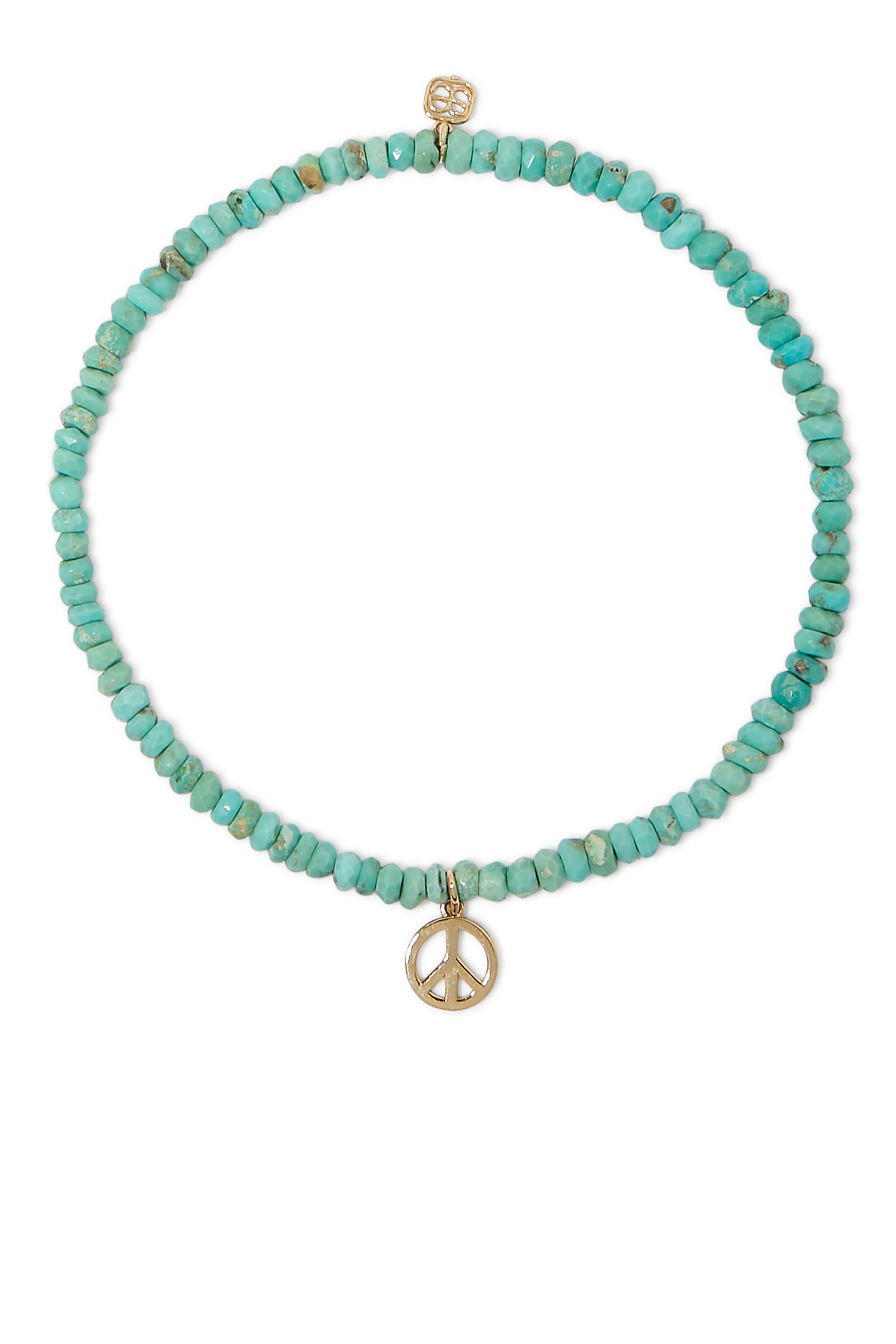 Tiny Peace Sign Charm Beaded Bracelet, 14k Yellow Gold & Turquoise, Diamonds