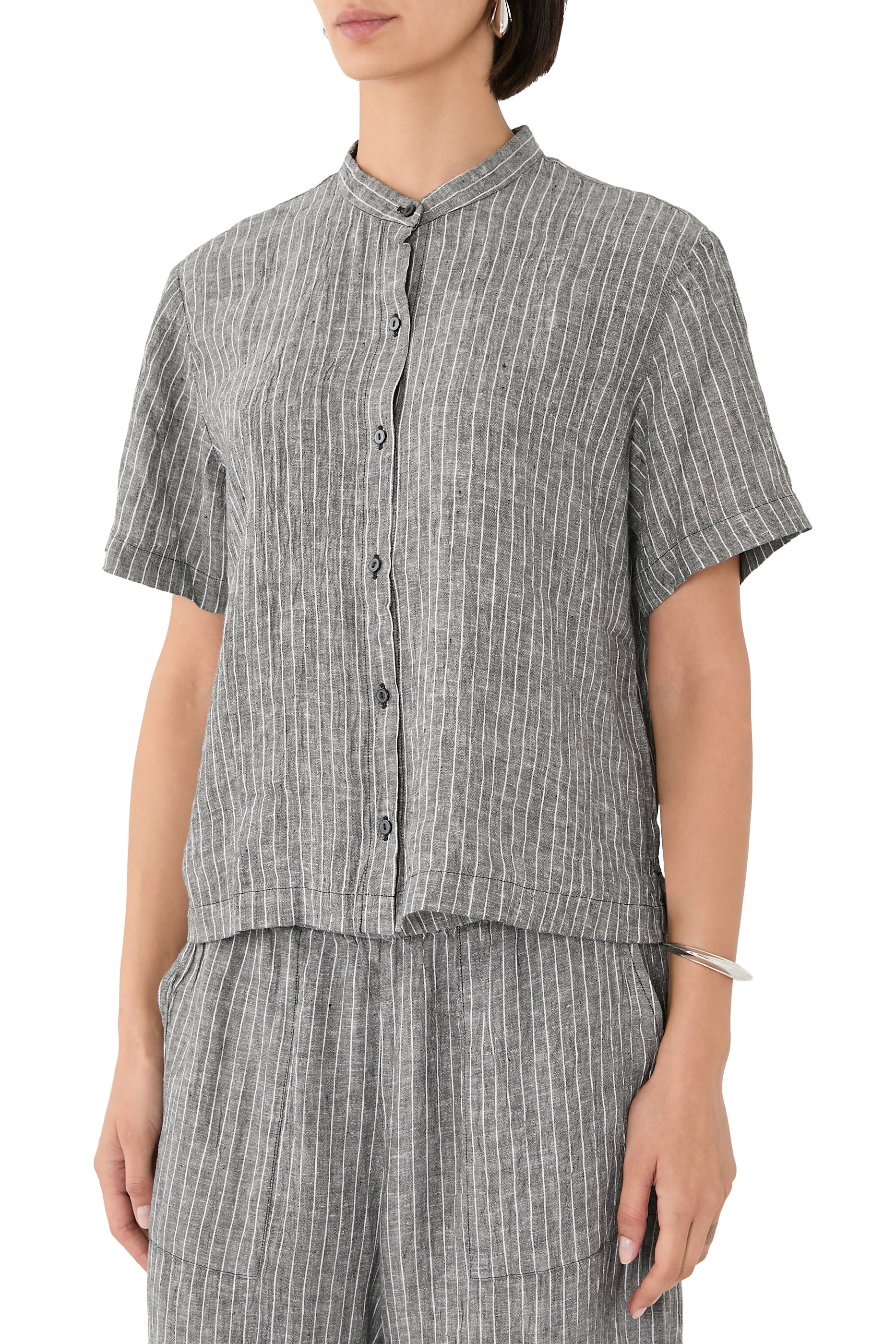 Puckered Organic Linen Band Collar Shirt 
