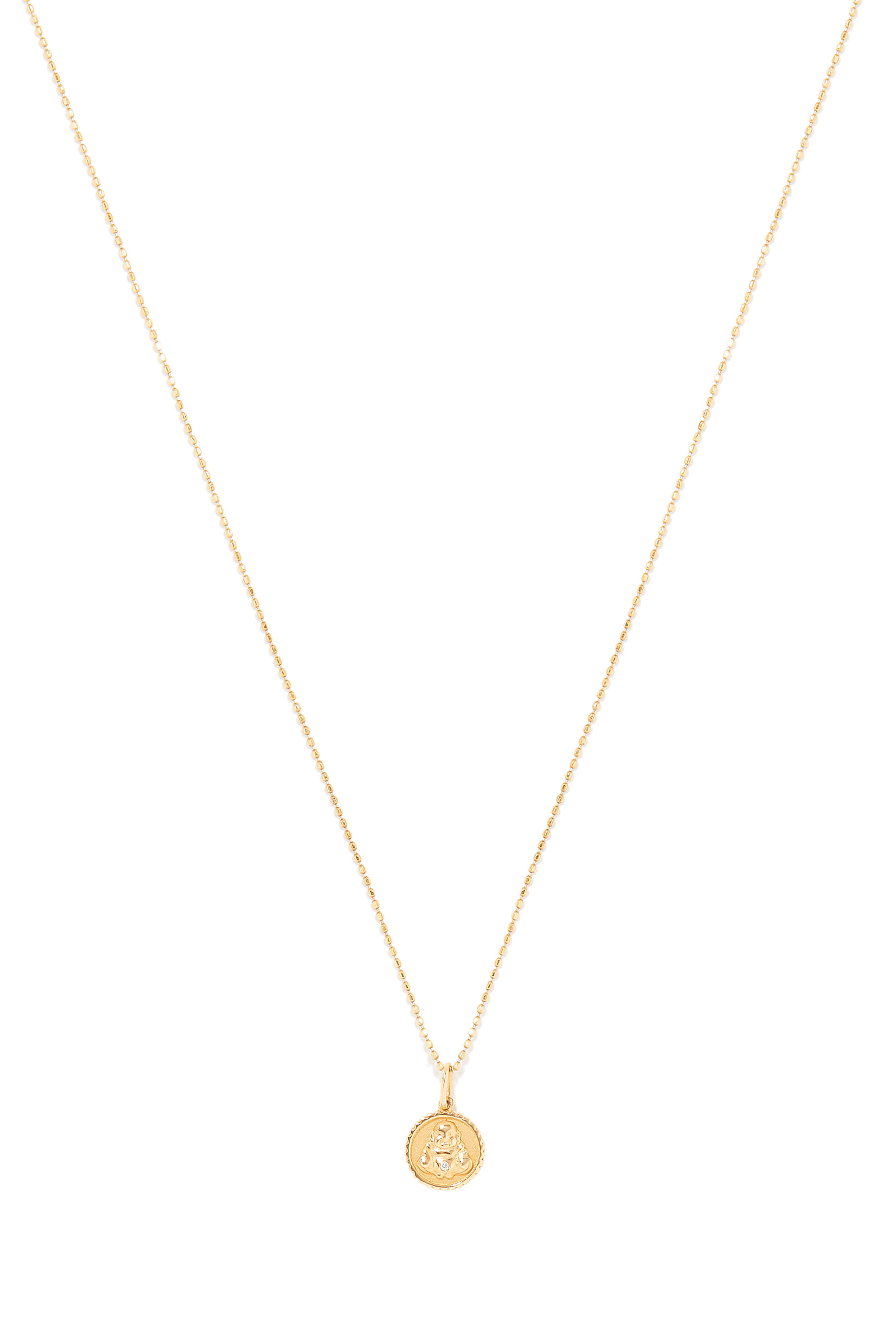Sitting Budha Tiny Coin Necklace,  14K Yellow Gold & Diamonds