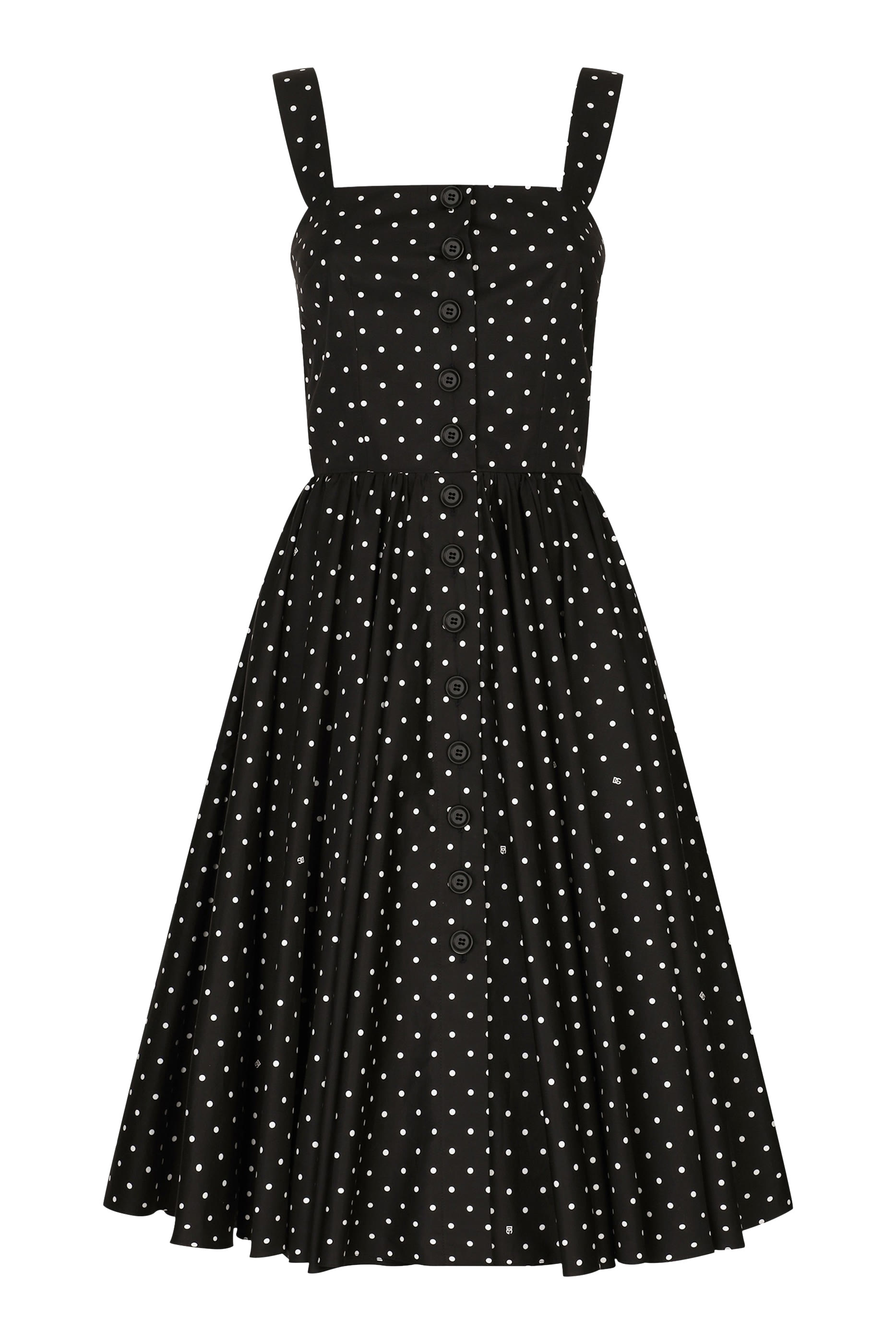 Calf-Length Cotton Dress with Polka-Dot Print