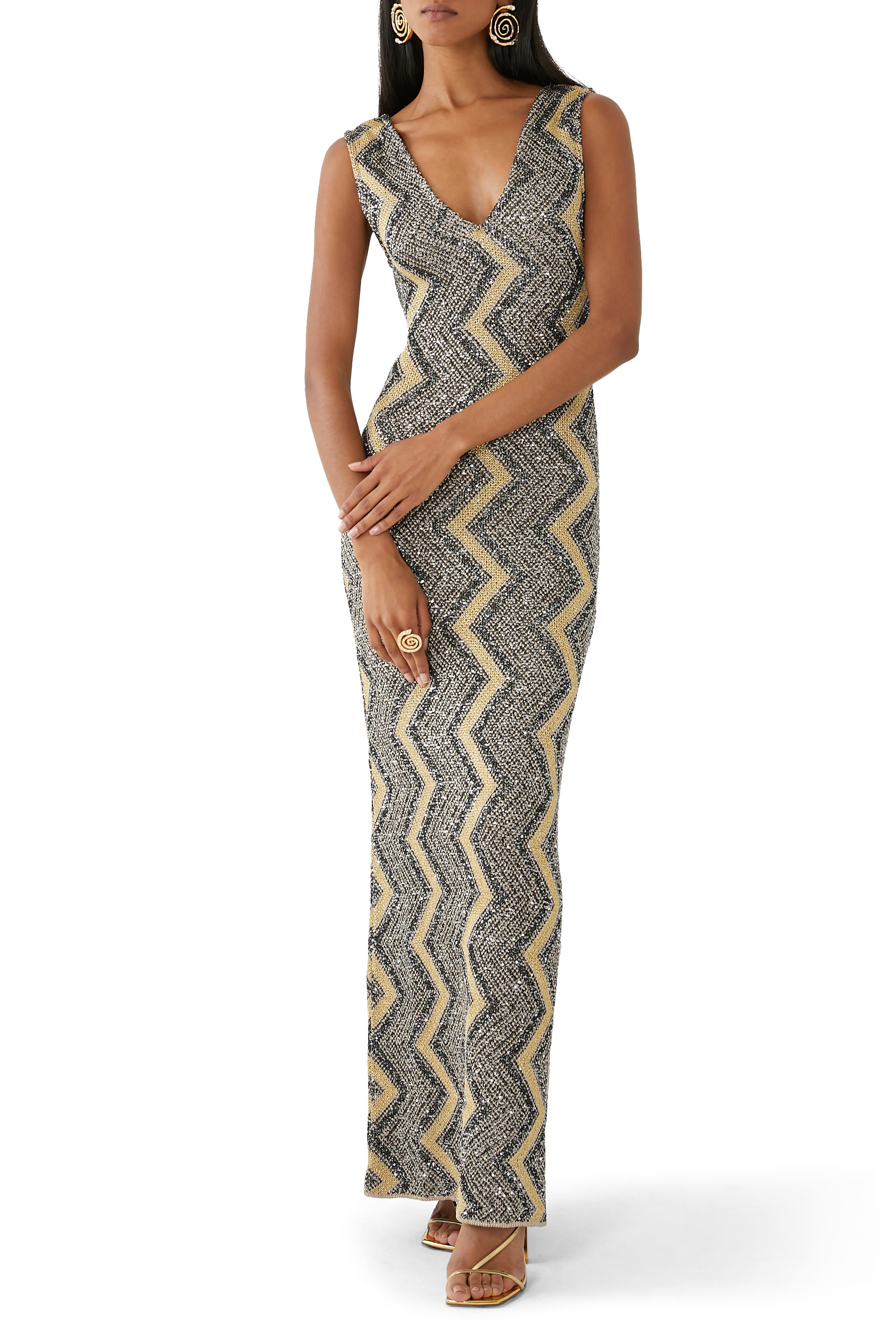 Macro Chevron Viscose Lame' Maxi Dress