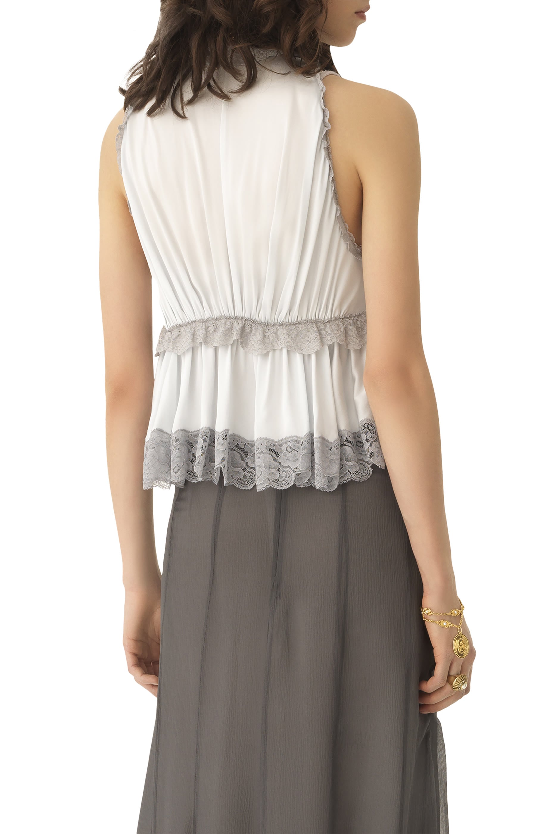  Tie-Front Sleeveless Top in Washed Silk Satin & Lace