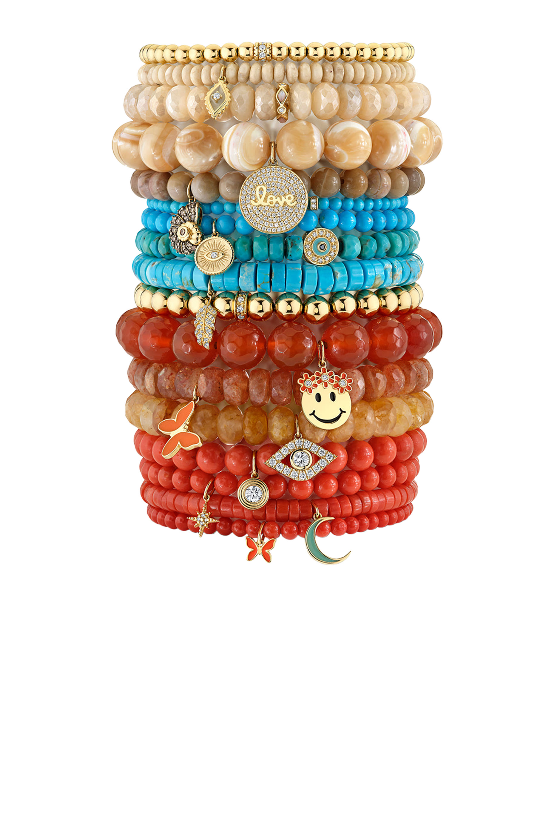 Marquise Eye Coin Charm Bead Bracelet, 14k Yellow Gold & Turquoise, Diamond