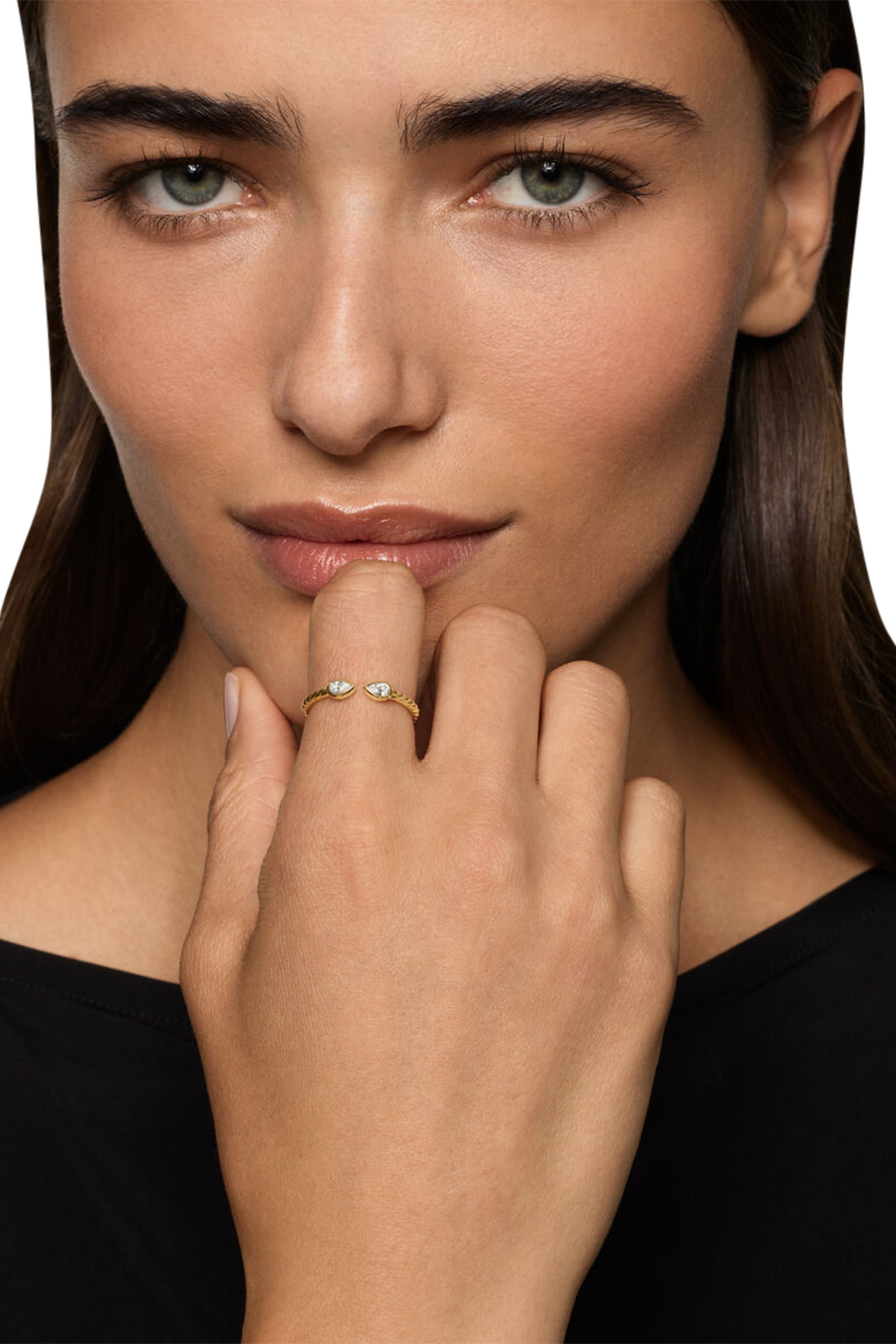 Petite Modern Renaissance&reg; Open Pear Ring, 18K Yellow Gold & Diamonds