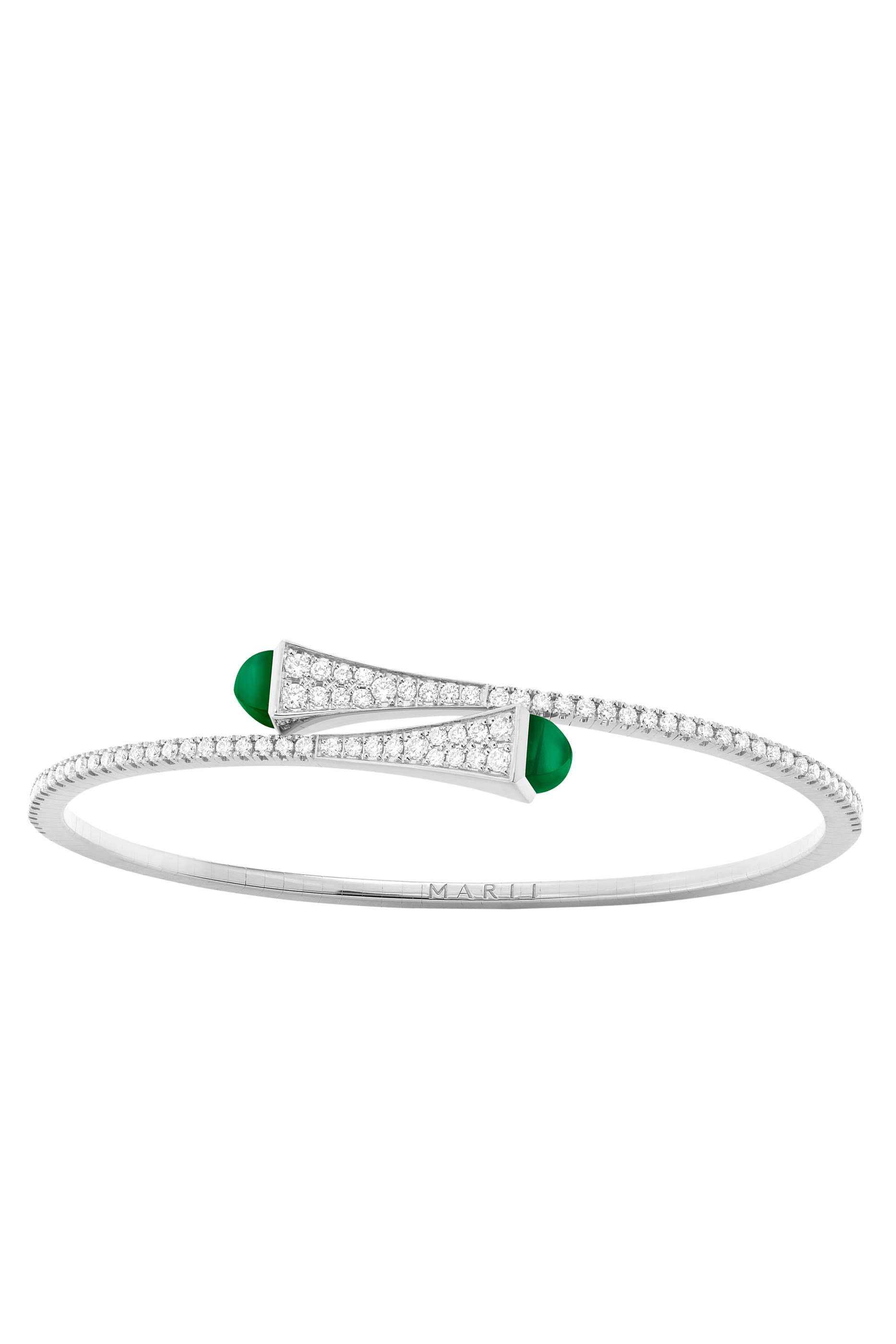 Cleo Slim Bangle, 18k White Gold, Green Agate & Diamonds