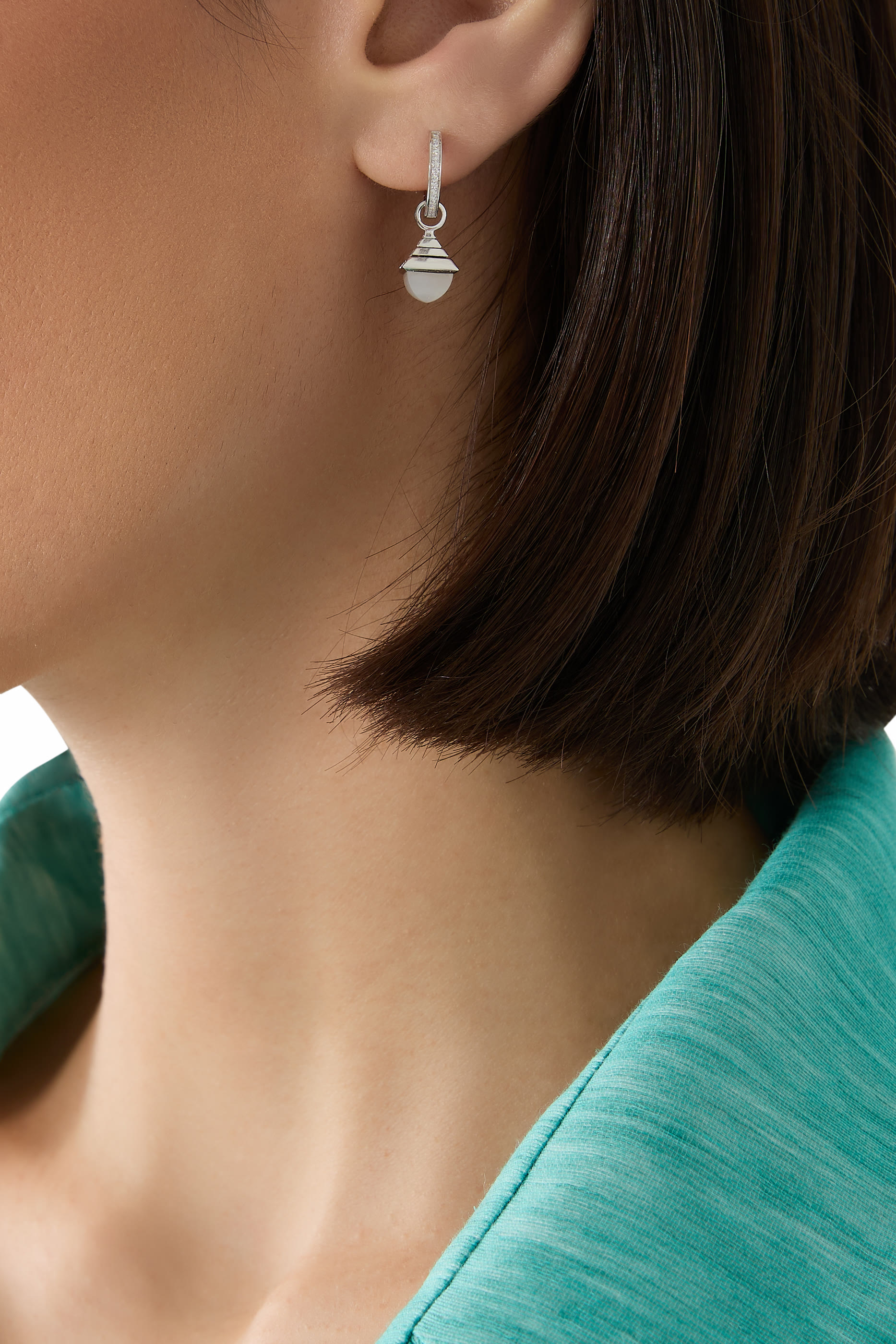 Cleo Rev Mini Drop Earrings, 18K White Gold with Diamonds & White Moon Stone