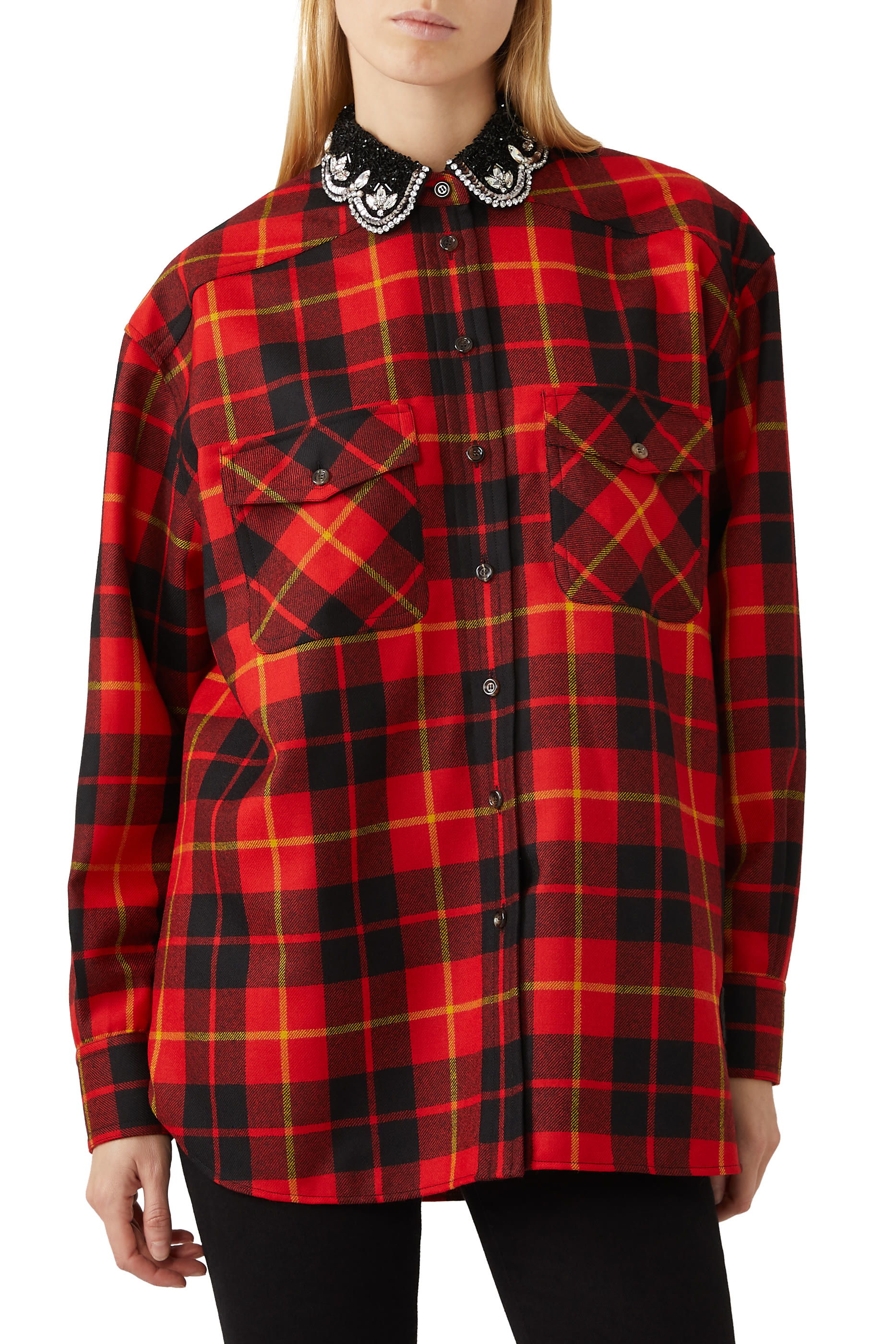 Tartan Wool Shirt with Embroidered Collar
