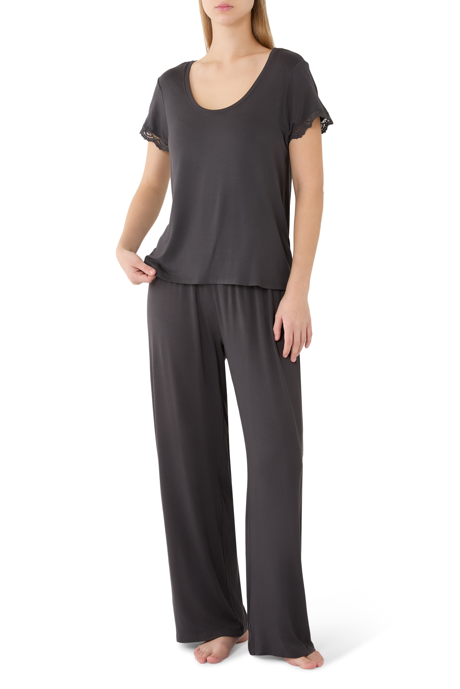 Jersey Scoop Neck Lace Trim Pajama Set