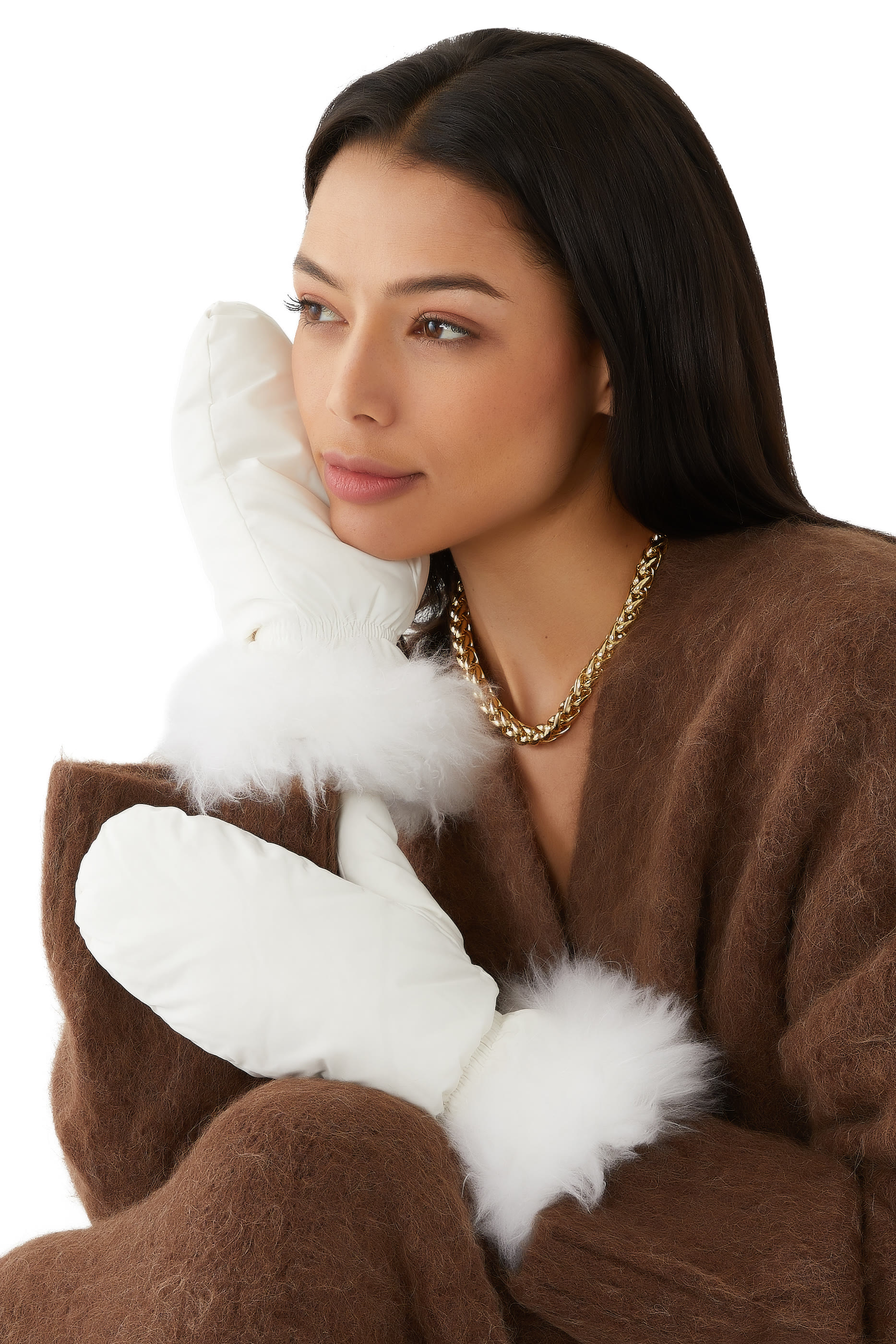 Flannel Mittens with Fox Fur Trim