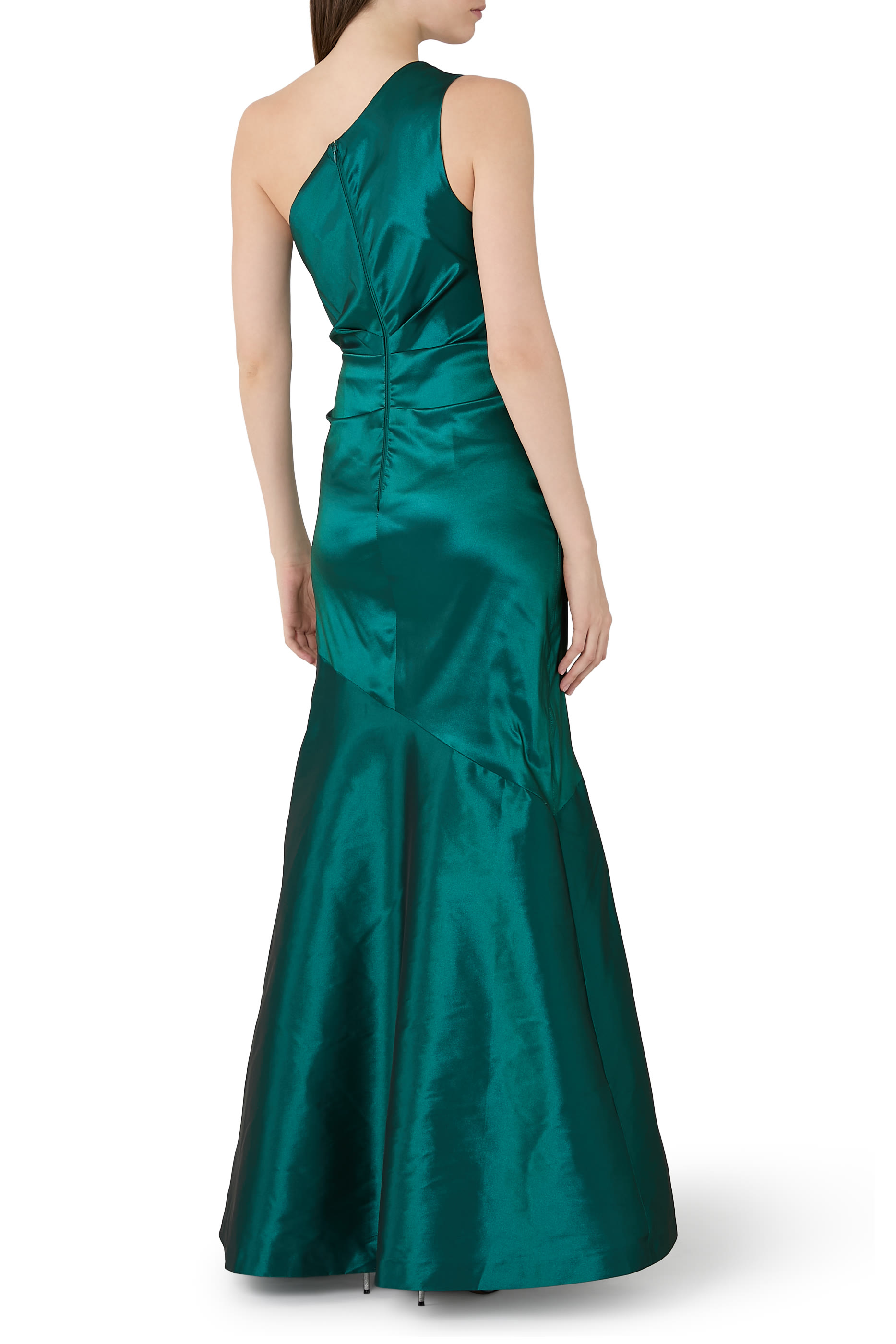 Stretch Taffeta Pleated One-Shoulder Gown