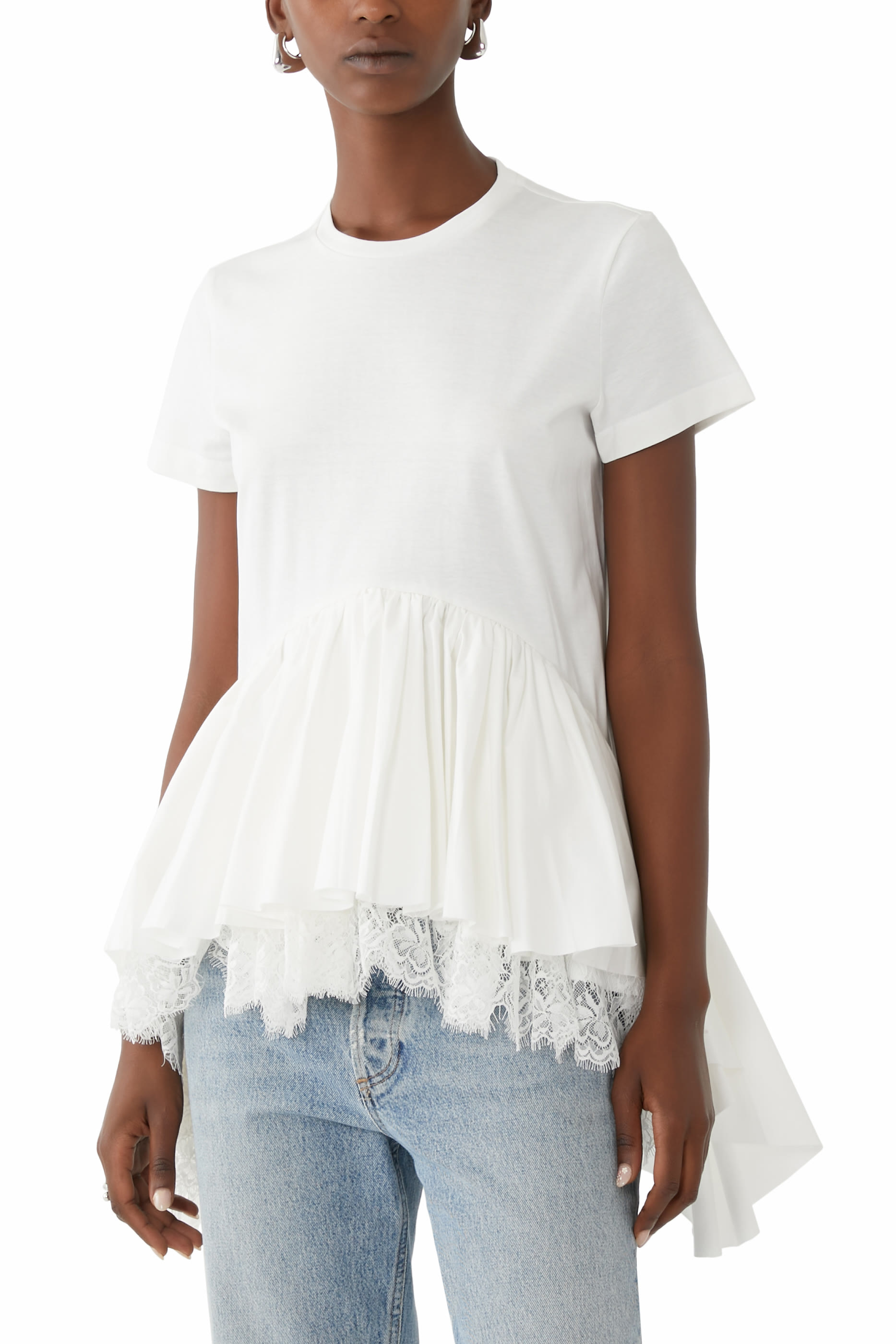 Cap Sleeve T-Shirt with Frill and Lace Hem