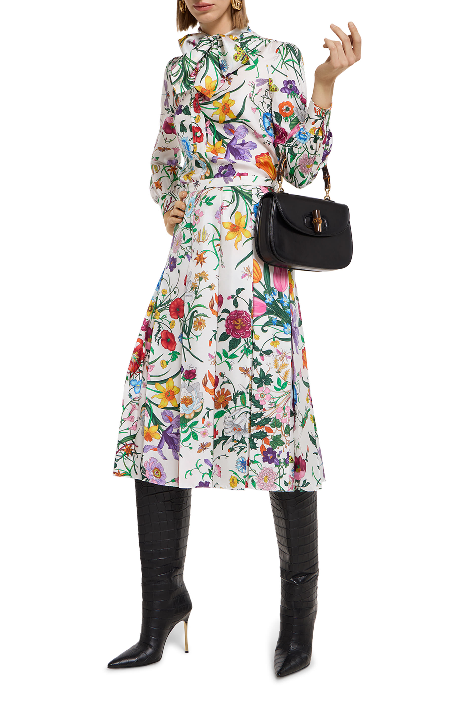 All-Over Flora Print Silk Twill Pleated Skirt