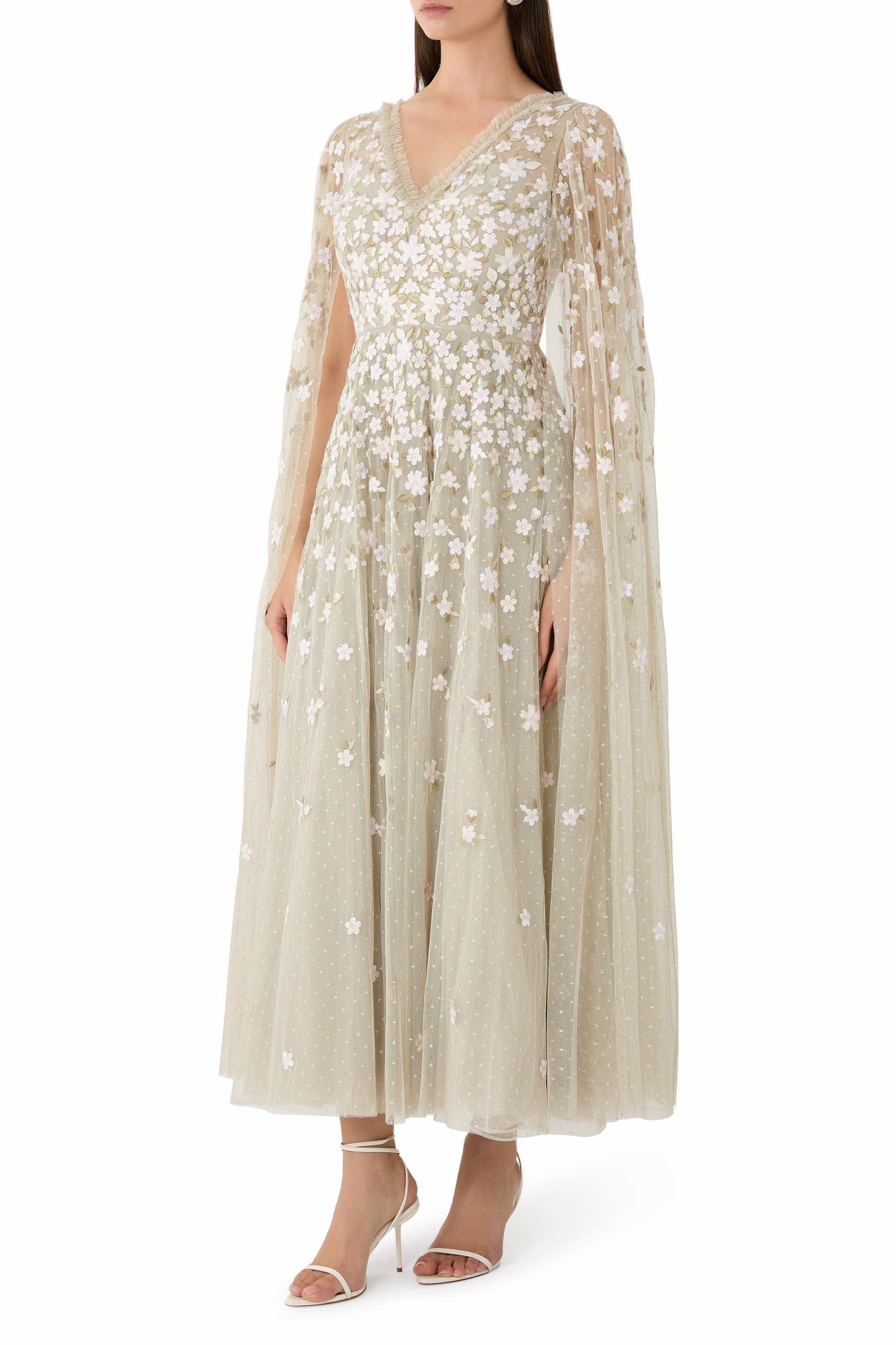 Camellia Ditsy Cape Sleeves Ankle Gown