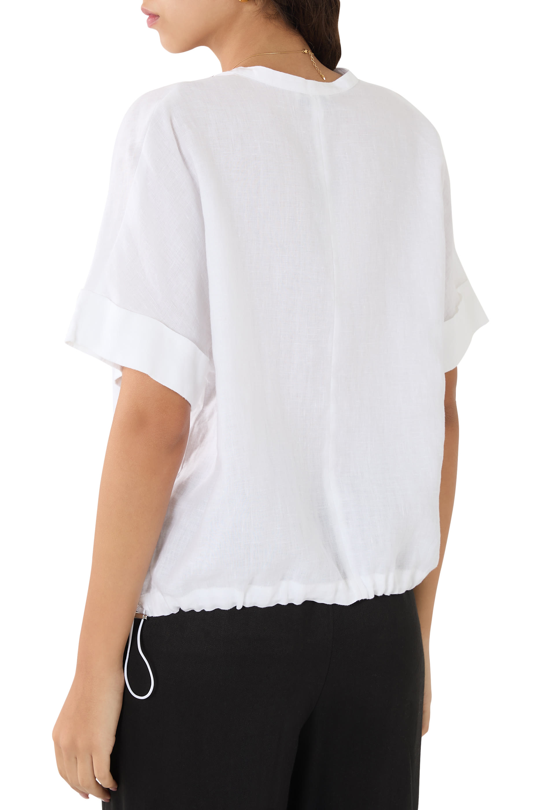 Linen Drawcord-Hem Blouse 