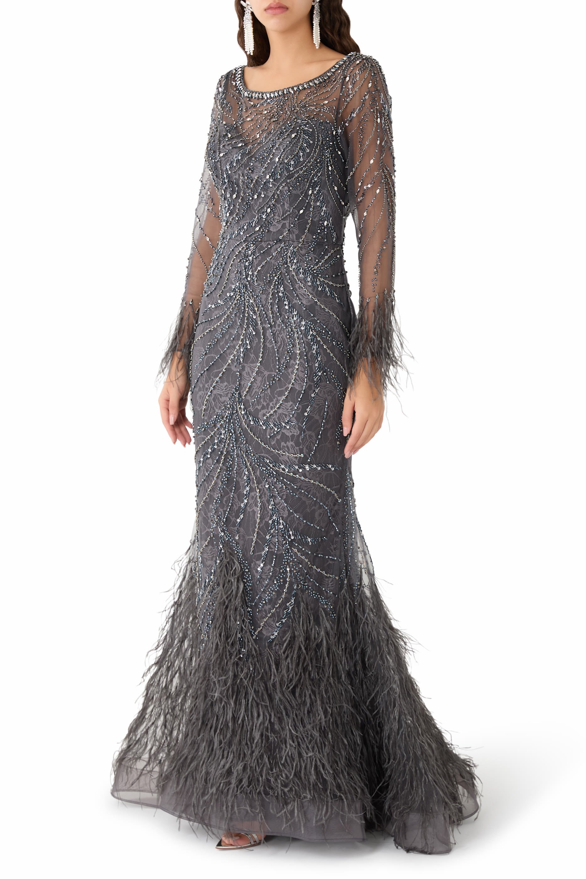 Embellished Long Sleeves Gown with Feathered Accents