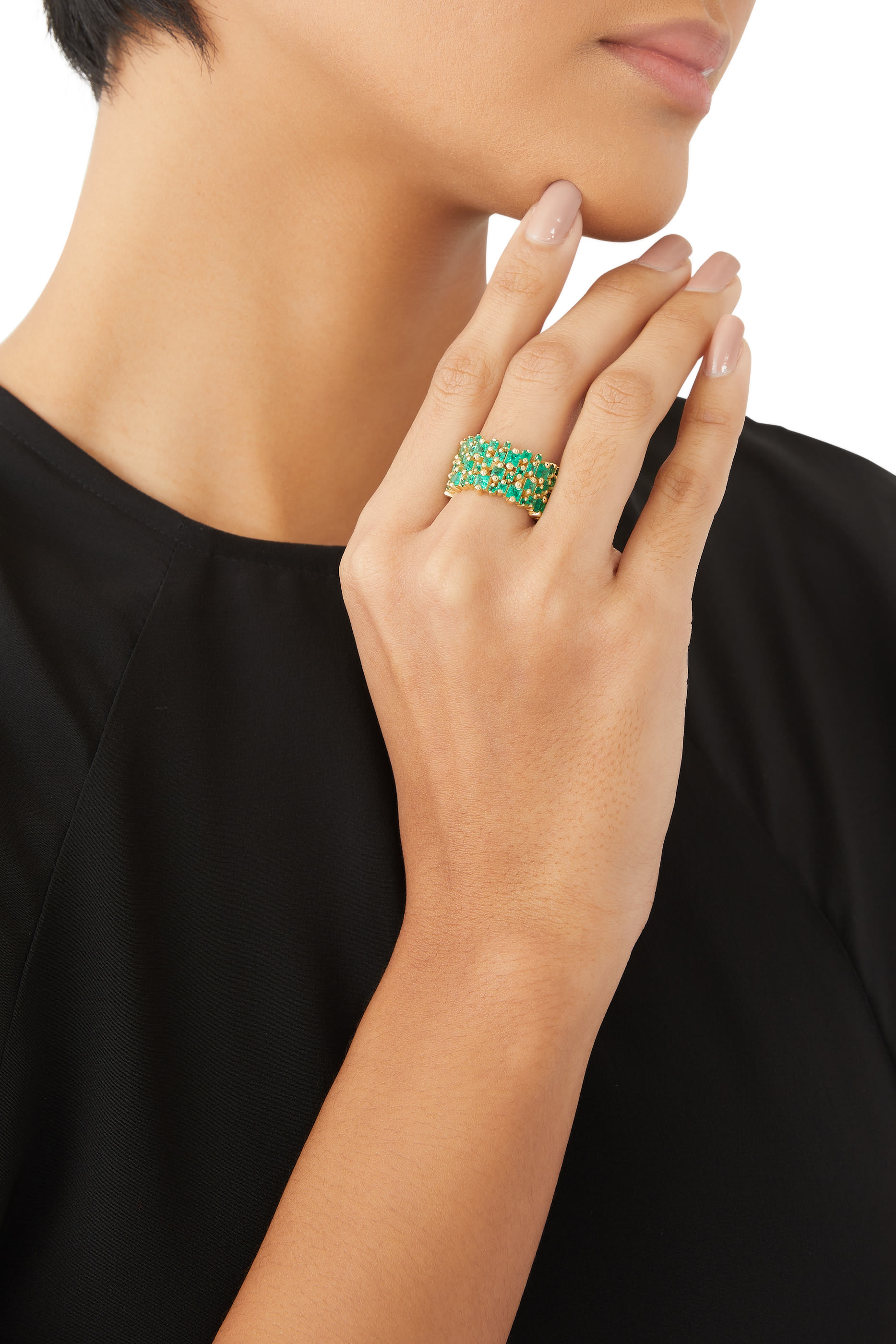 Double Stack Eternity Band, 18k Yellow Gold with Emerald & Diamond