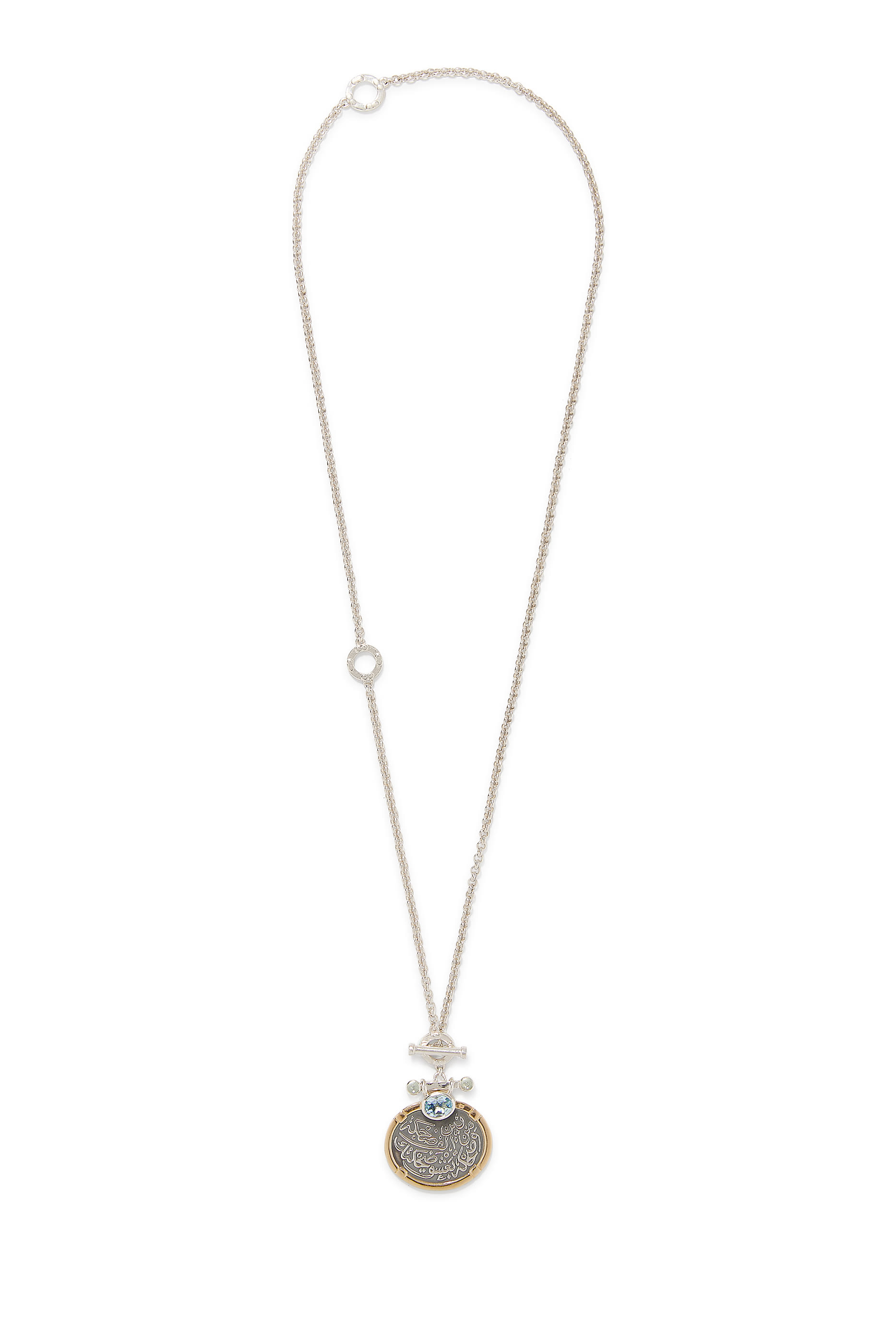 Coin Calligraphy Long Necklace, 18k Yellow Gold, Sterling Silver & Topaz